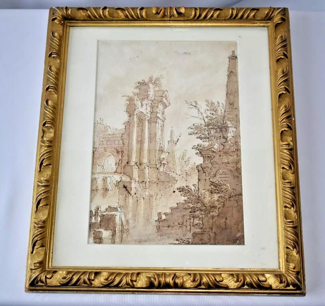 Mauro Antonio Tesi (Maurino) 
Montalbano 1730 - 1766 Bologna
 'A Capriccio of Classical Ruins by a River
Pen and Brown Wash, Red Chalk

10 1/4