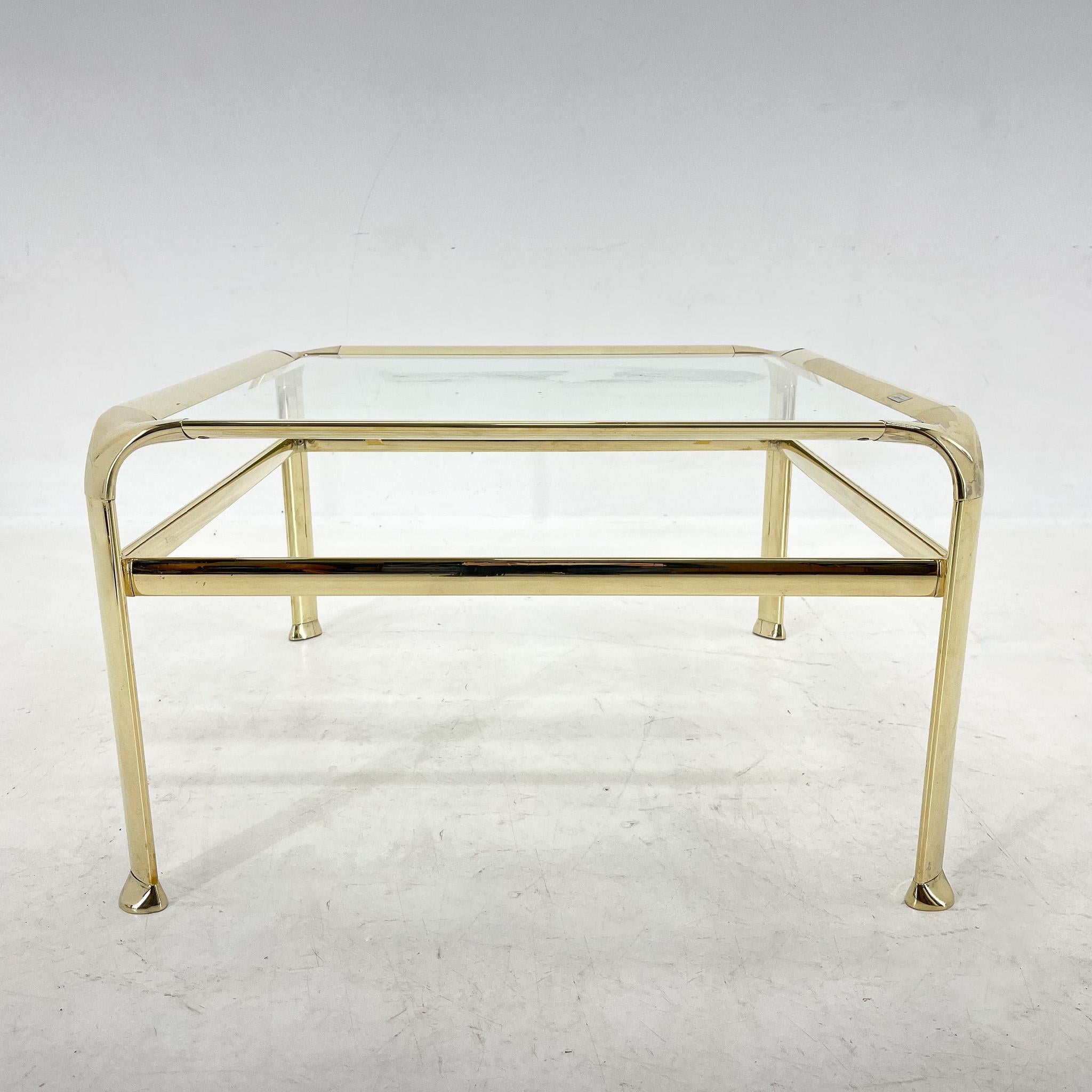 Italian design all-brass & glass coffee table by Mauro Lipparini, labeled. The table shows some signs of time (see photo).