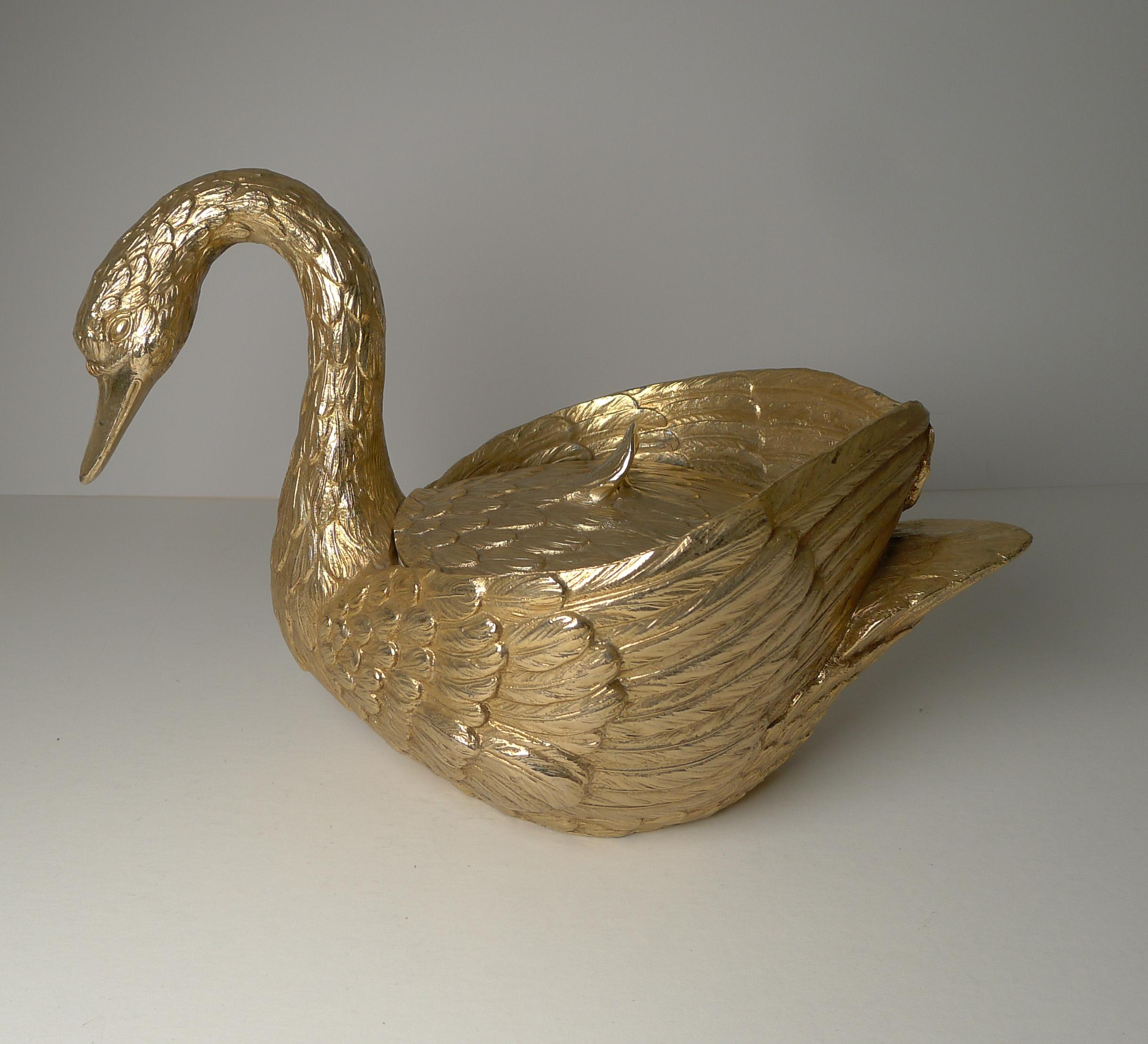 20th Century Mauro Manetti, Florence, Italy, Gold Swan Ice Bucket c.1970