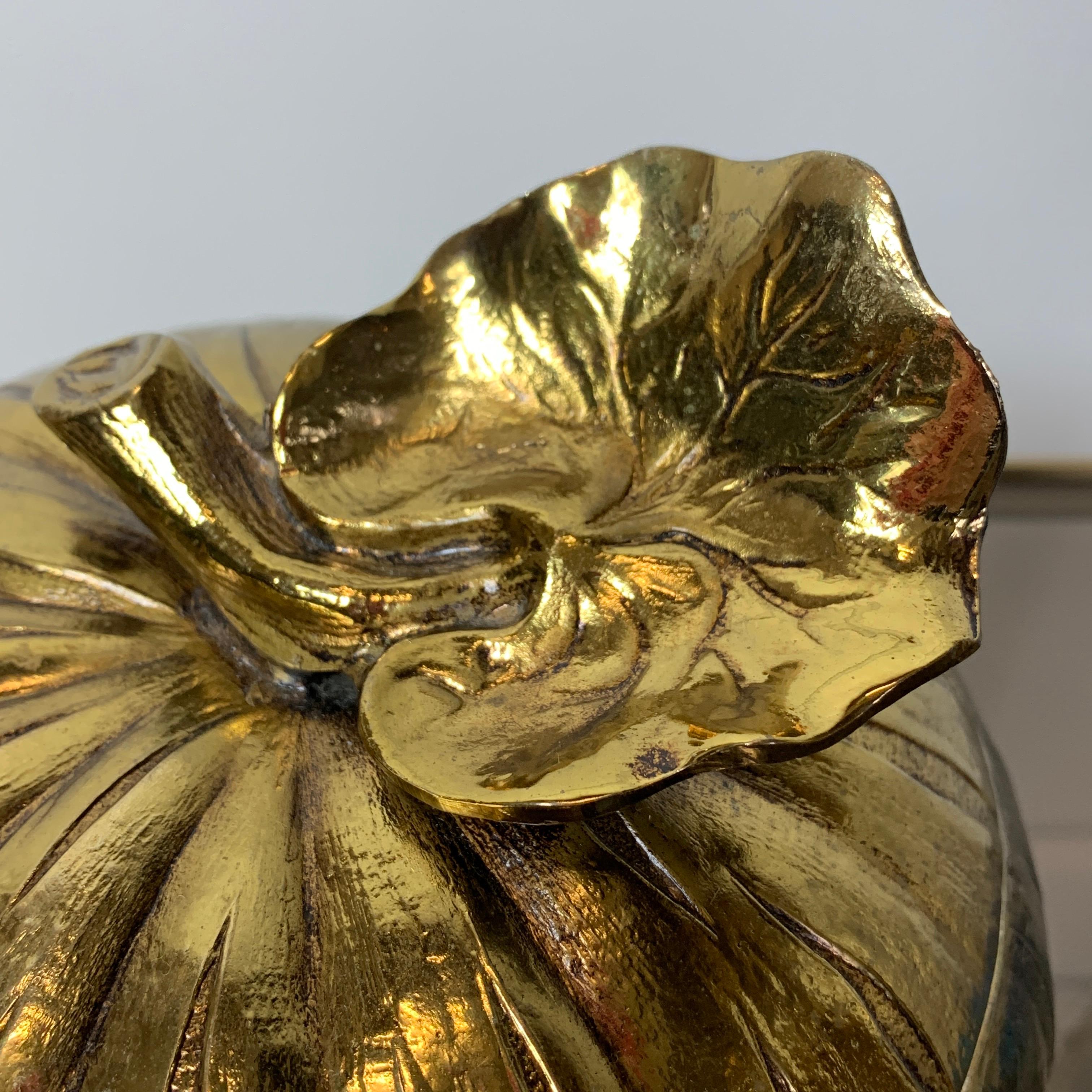 Fabulous gold color pumpkin ice bucket by Mauro Manetti
Italy circa 1960s
The pumpkin has its original very bright gold finish all-over
There is a liner in the lid and in the body
18 cm approx height, 18 cm approx width/depth
There is no makers