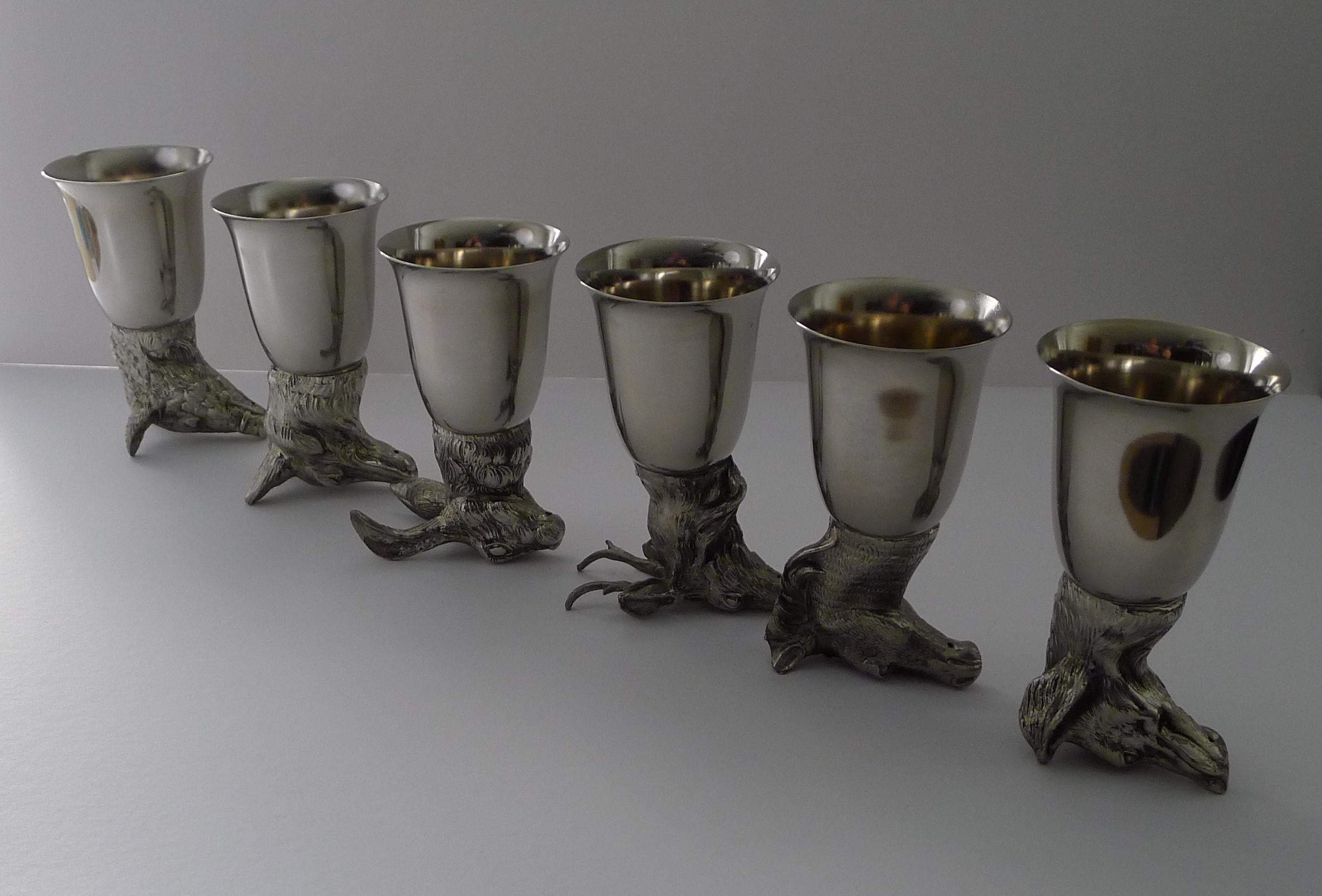 A stunning set six figural hunting stirrup cups in silver plate, made by the iconic Italian designer, Mauro Manetti.

The six cups are in the form of animal heads:

Fox, Horse, Stag, Dog, Boar and Hare

Each is signed M/M and 