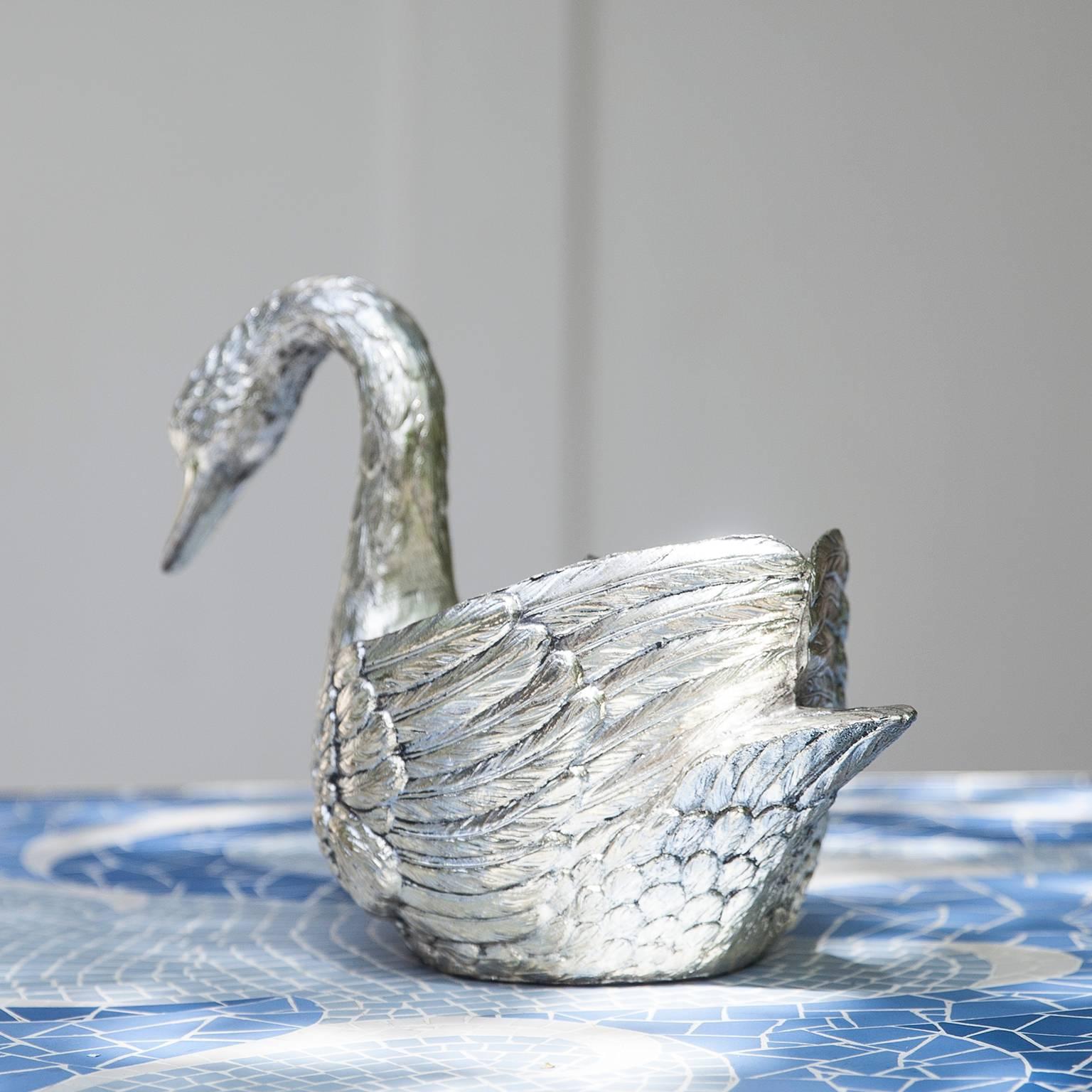 Silvered Mauro Manetti Silver Plated Swan Ice Bucket, Italy, 1970s