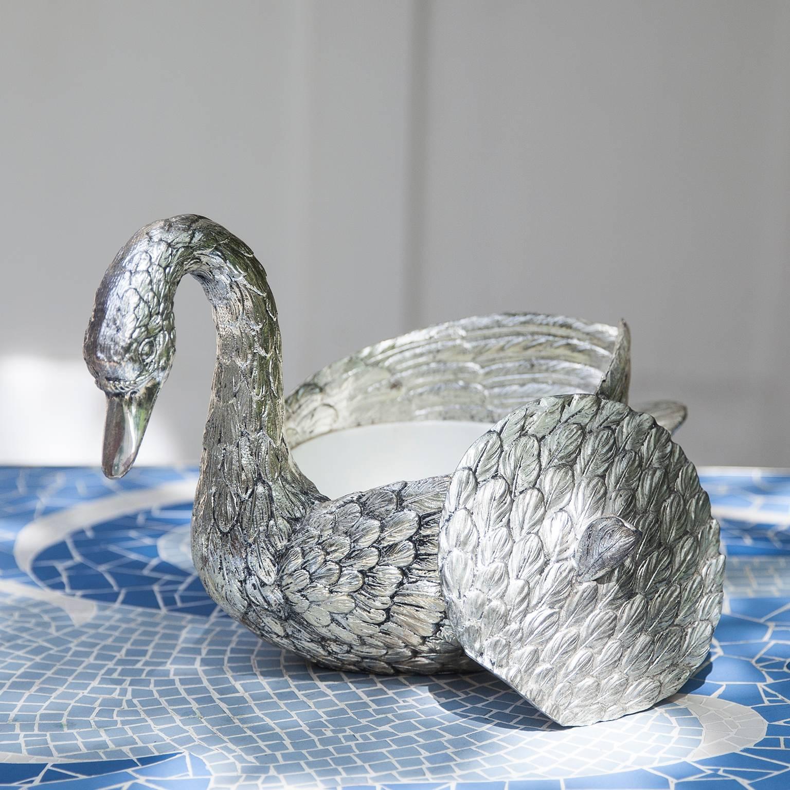 Late 20th Century Mauro Manetti Silver Plated Swan Ice Bucket, Italy, 1970s