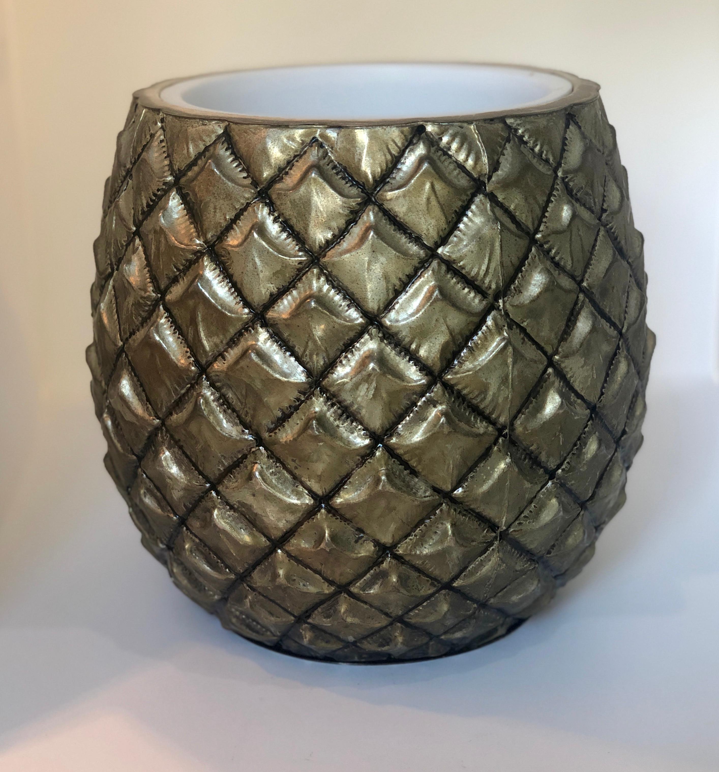 Italian Pineapple Ice Bucket with Gold Wash Over Silver Plate and Copper Enameled Steel