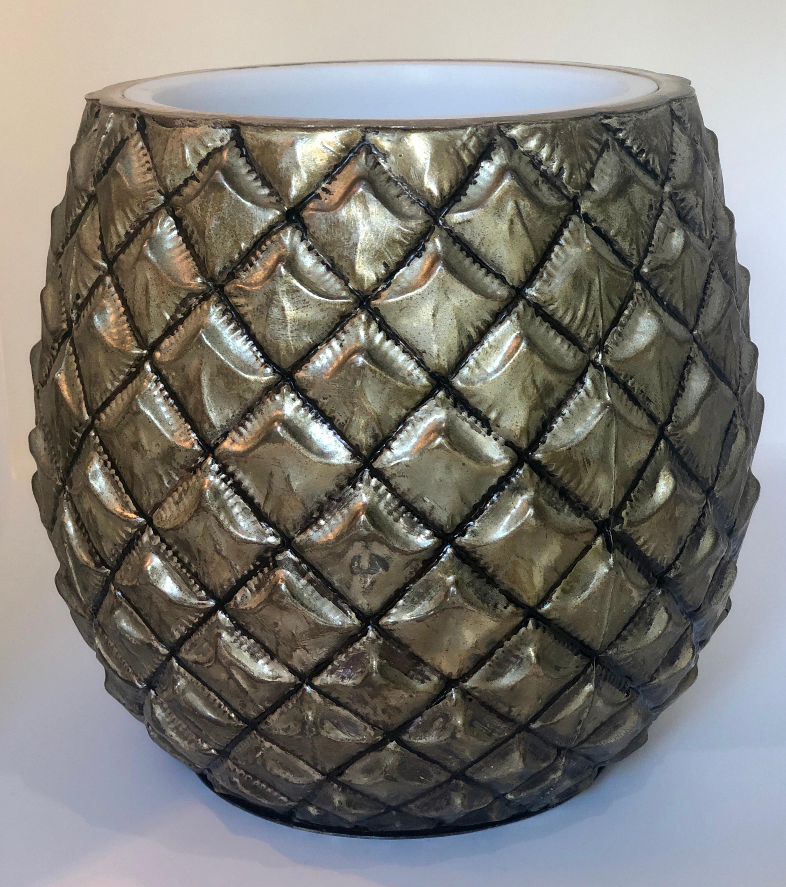 20th Century Pineapple Ice Bucket with Gold Wash Over Silver Plate and Copper Enameled Steel
