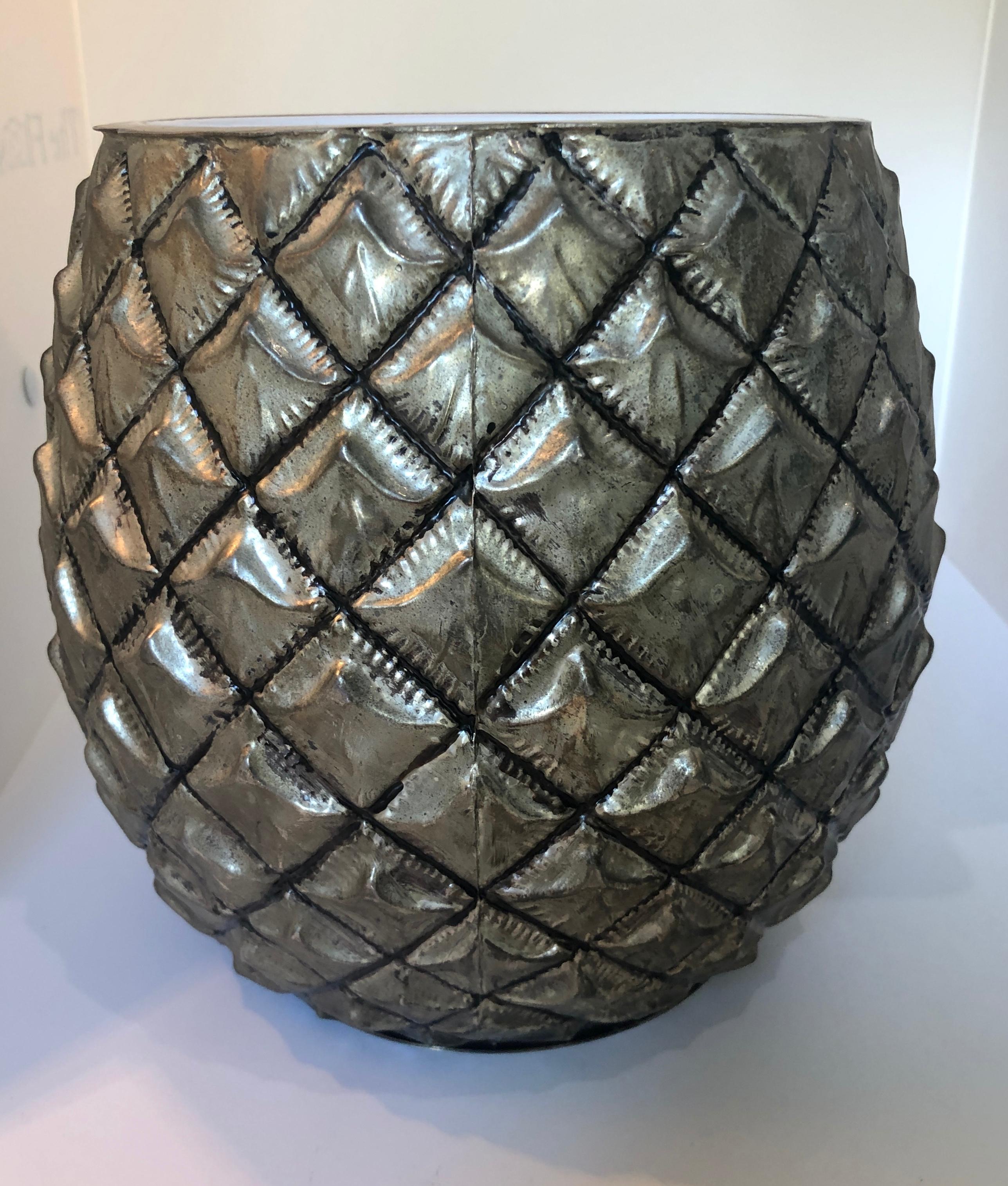 Metal Pineapple Ice Bucket with Gold Wash Over Silver Plate and Copper Enameled Steel