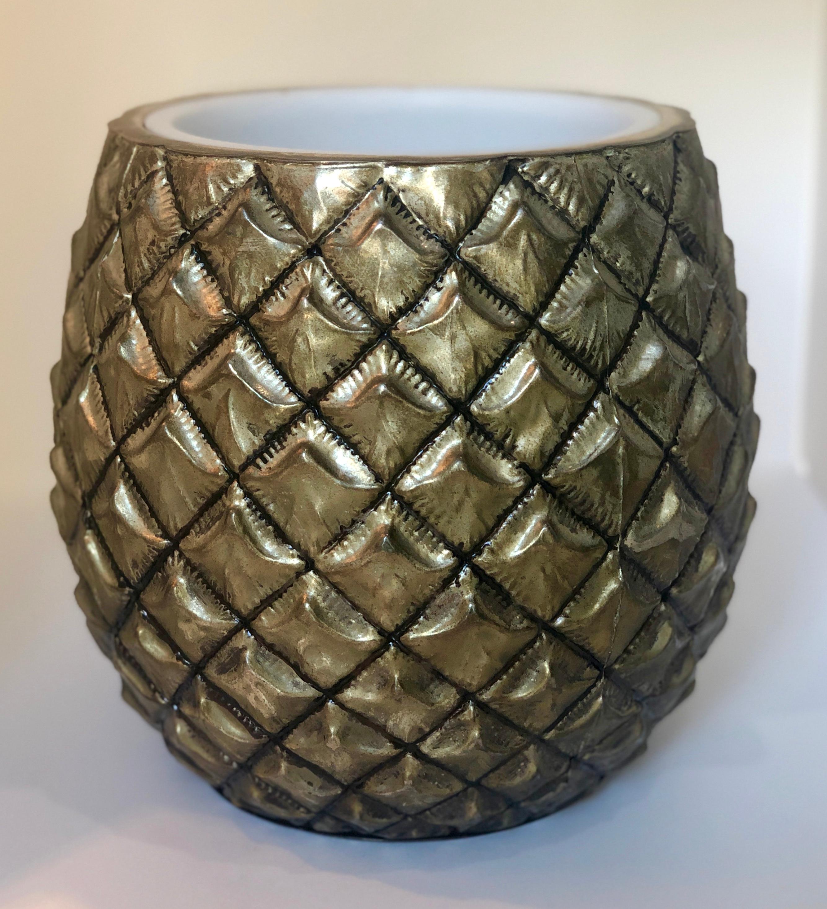 Mid-Century Modern Pineapple Ice Bucket with Gold Wash Over Silver Plate and Copper Enameled Steel