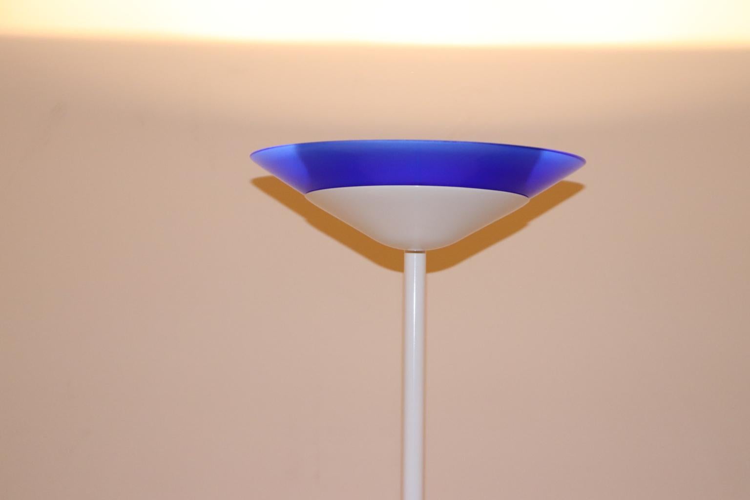 Mid-Century Modern Mauro Marzollo Floor Lamp White Lacquered Stem Murano Glass Blue Diffuser For Sale