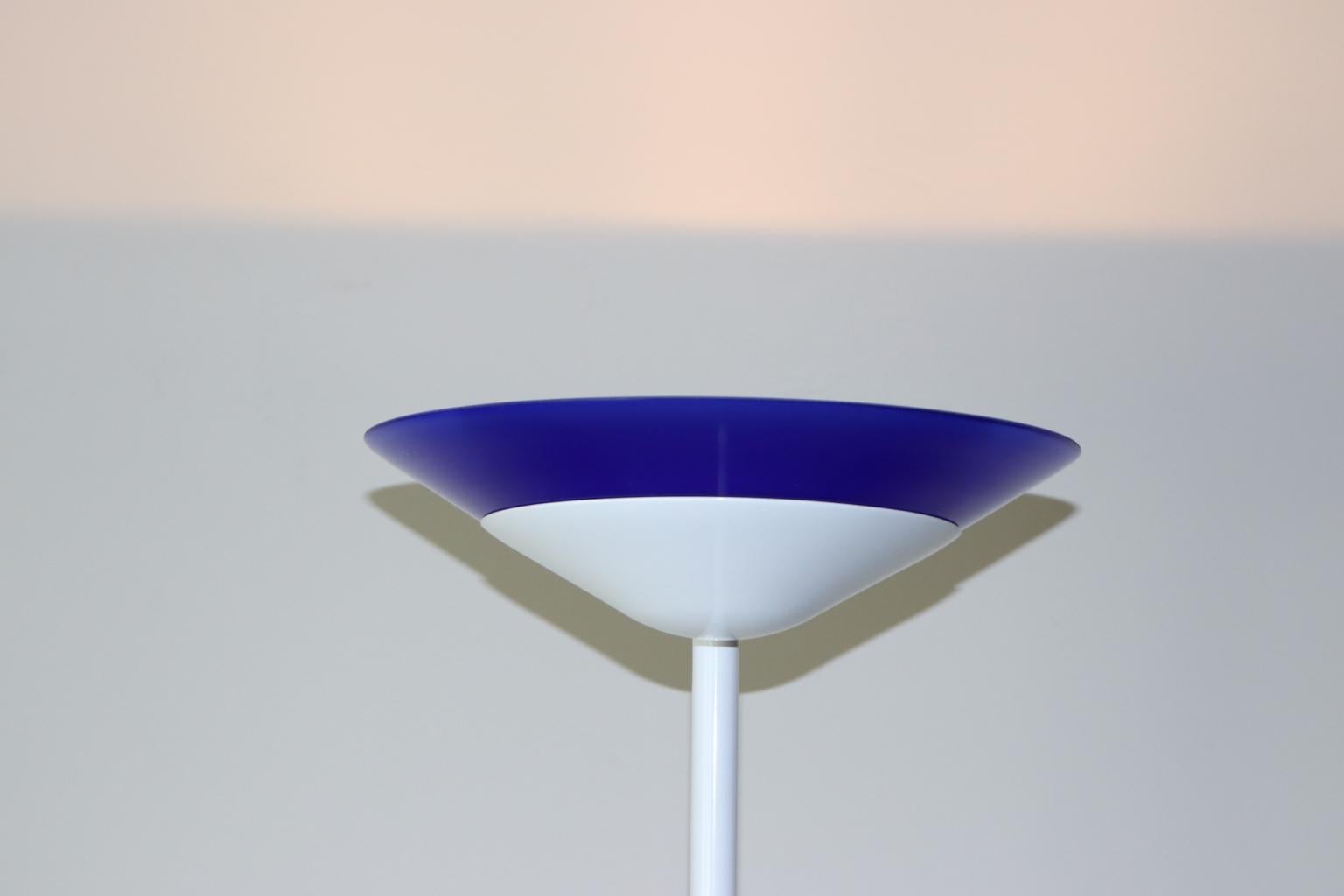 Italian Mauro Marzollo Floor Lamp White Lacquered Stem Murano Glass Blue Diffuser For Sale