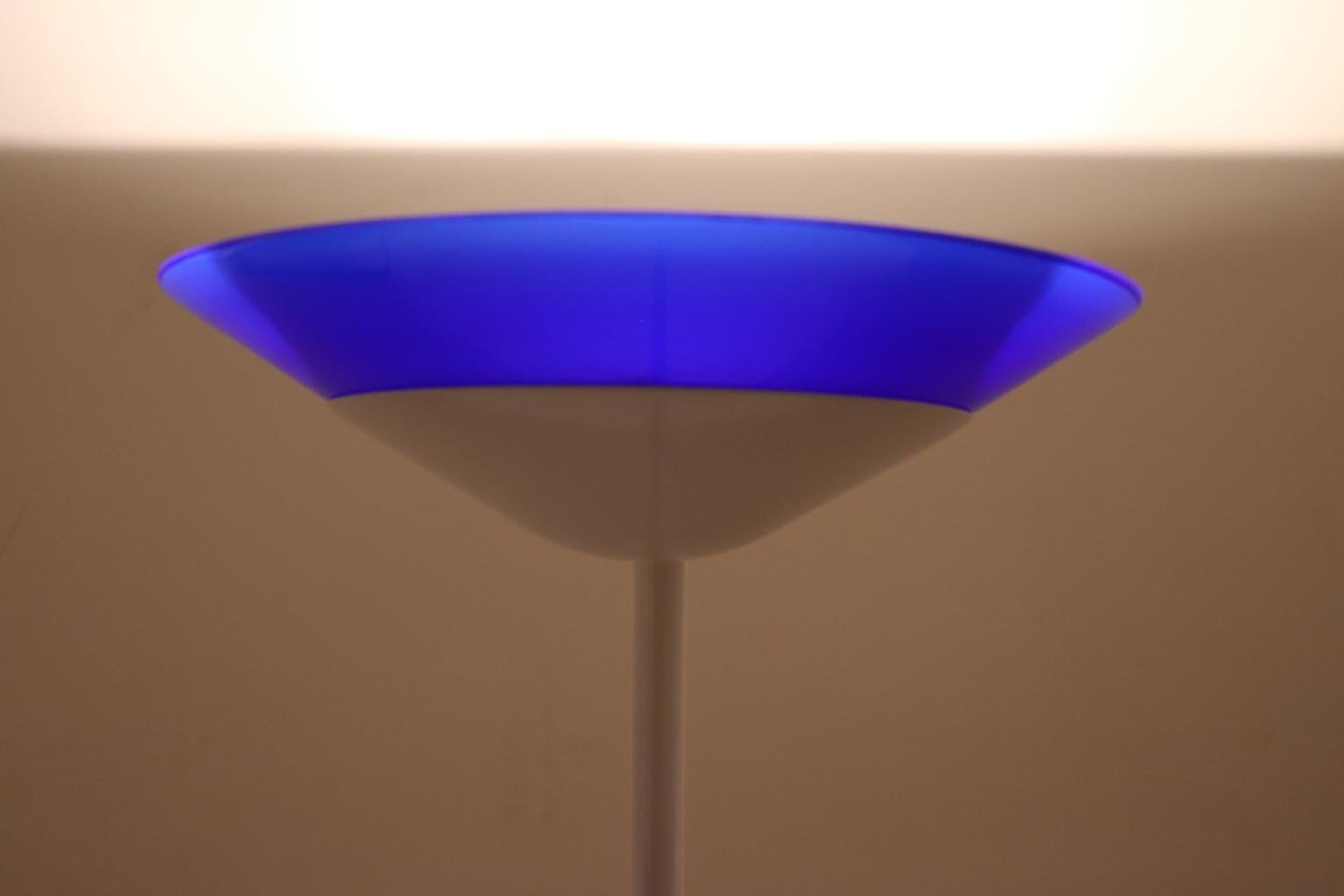Late 20th Century Mauro Marzollo Floor Lamp White Lacquered Stem Murano Glass Blue Diffuser For Sale