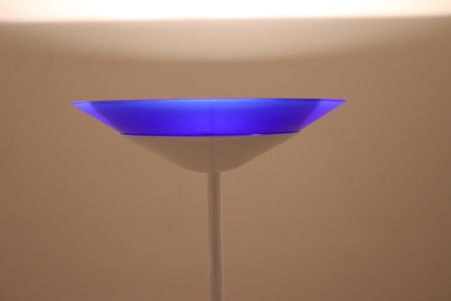 Steel Mauro Marzollo Floor Lamp White Lacquered Stem Murano Glass Blue Diffuser For Sale