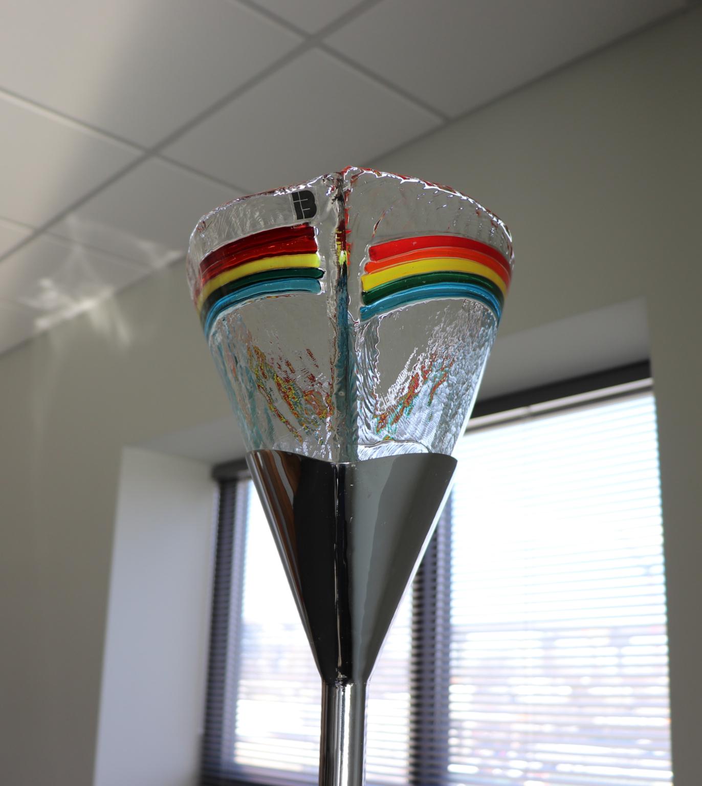 Late 20th Century Mauro Marzollo for ITRE Floor Lamp Chrome Stem Murano Glass with Rainbow For Sale