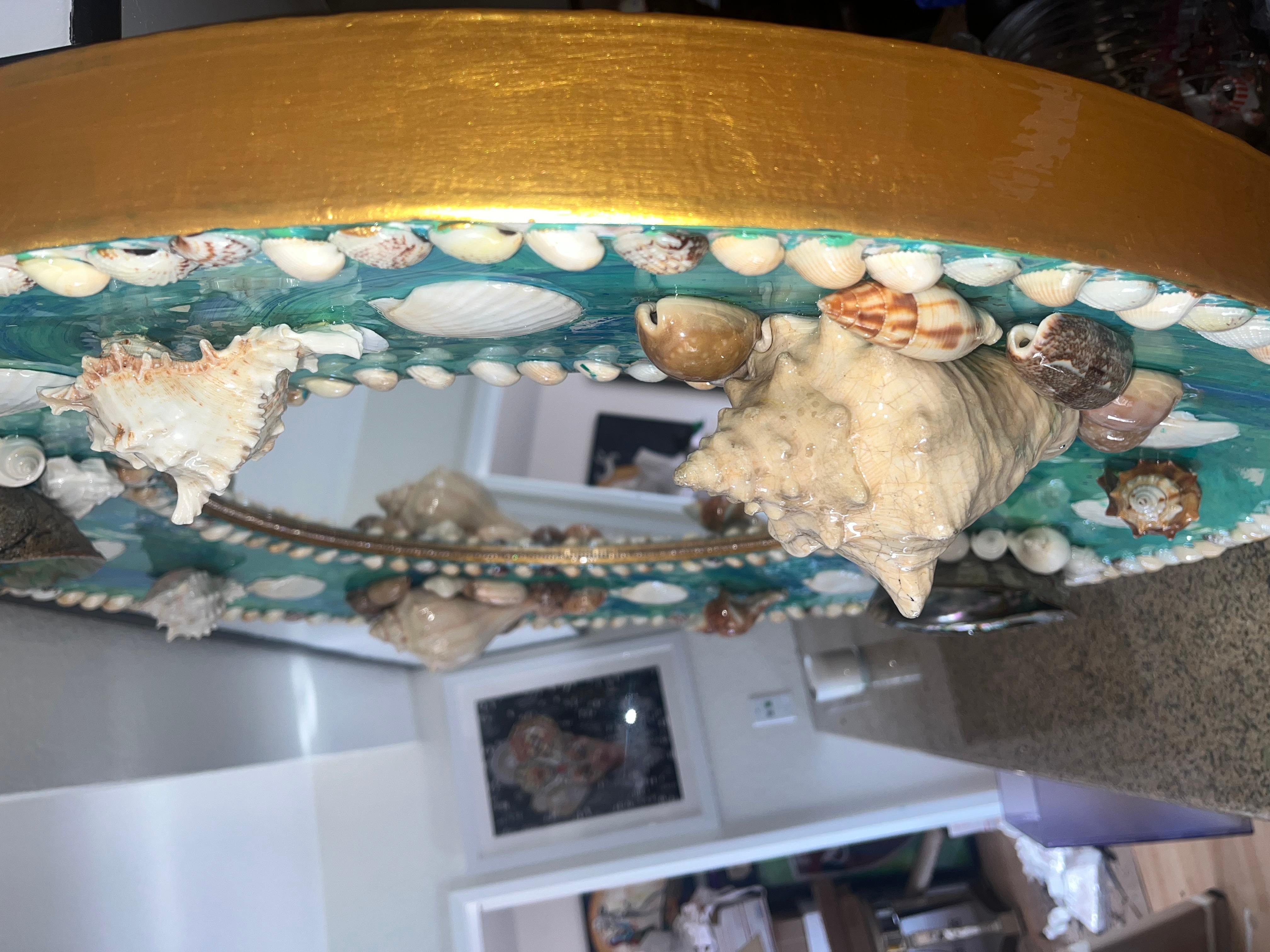 CARIBBEAN MIRROR (One Of A kind Seashells Encrusted Round Mirror W/ Wood Frame) For Sale 8
