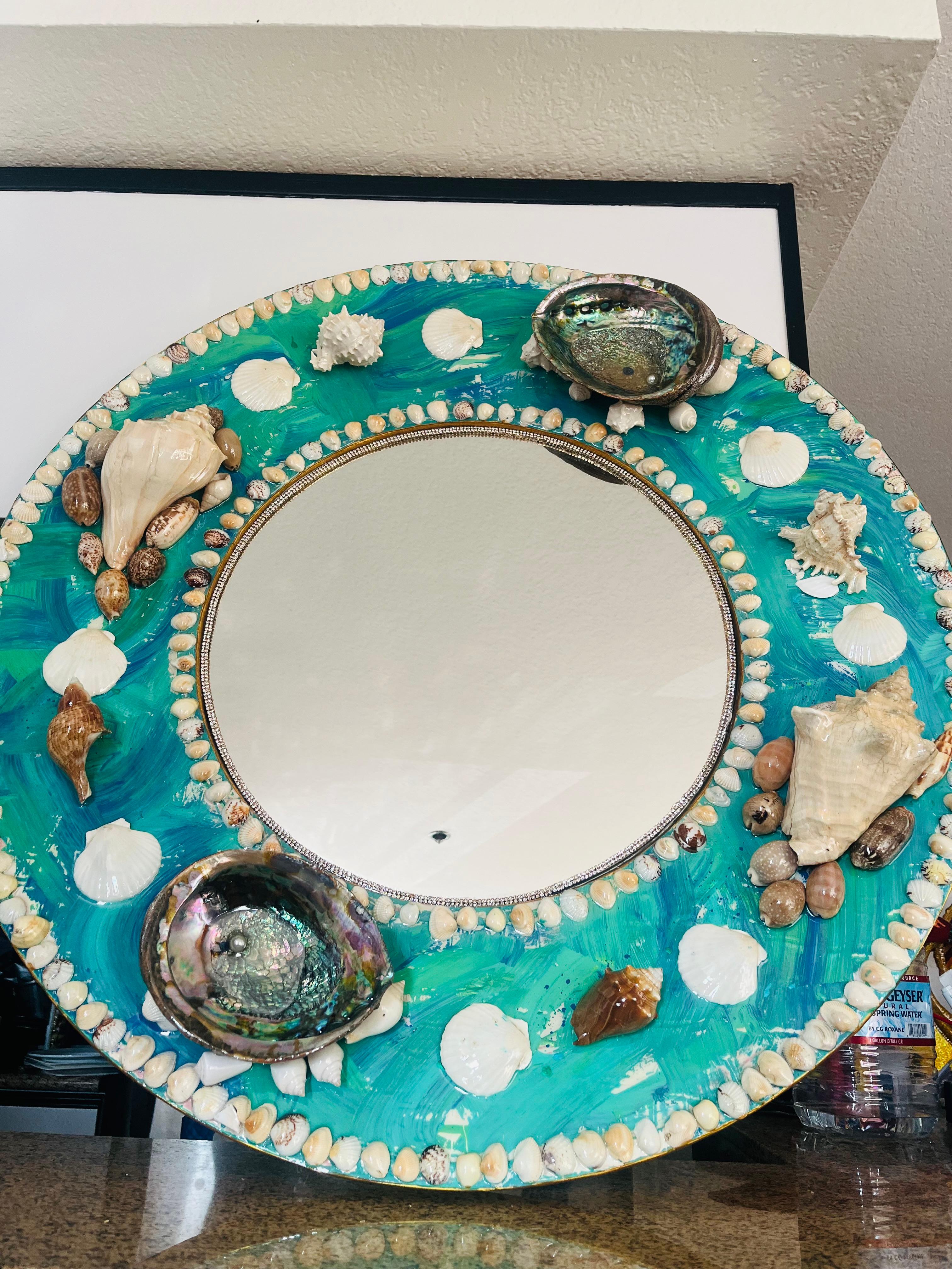 CARIBBEAN MIRROR (One Of A kind Seashells Encrusted Round Mirror W/ Wood Frame) - Sculpture by Mauro Oliveira