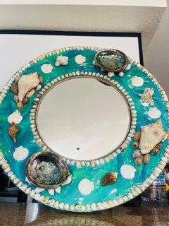 Seashell-Encrusted Round Mirror, Contemporary Mixed Media Art