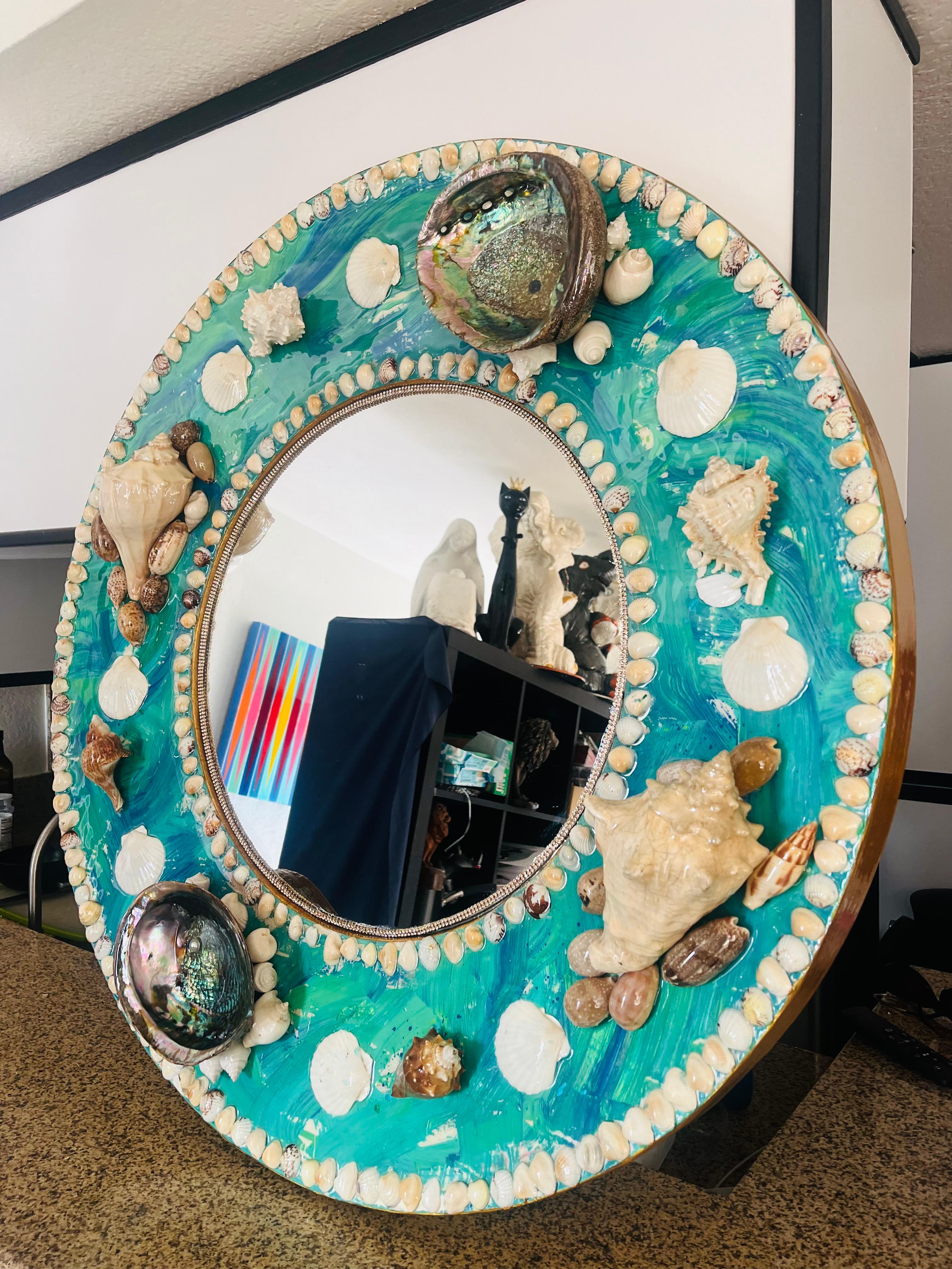 CARIBBEAN MIRROR (One Of A kind Seashells Encrusted Round Mirror W/ Wood Frame) For Sale 1