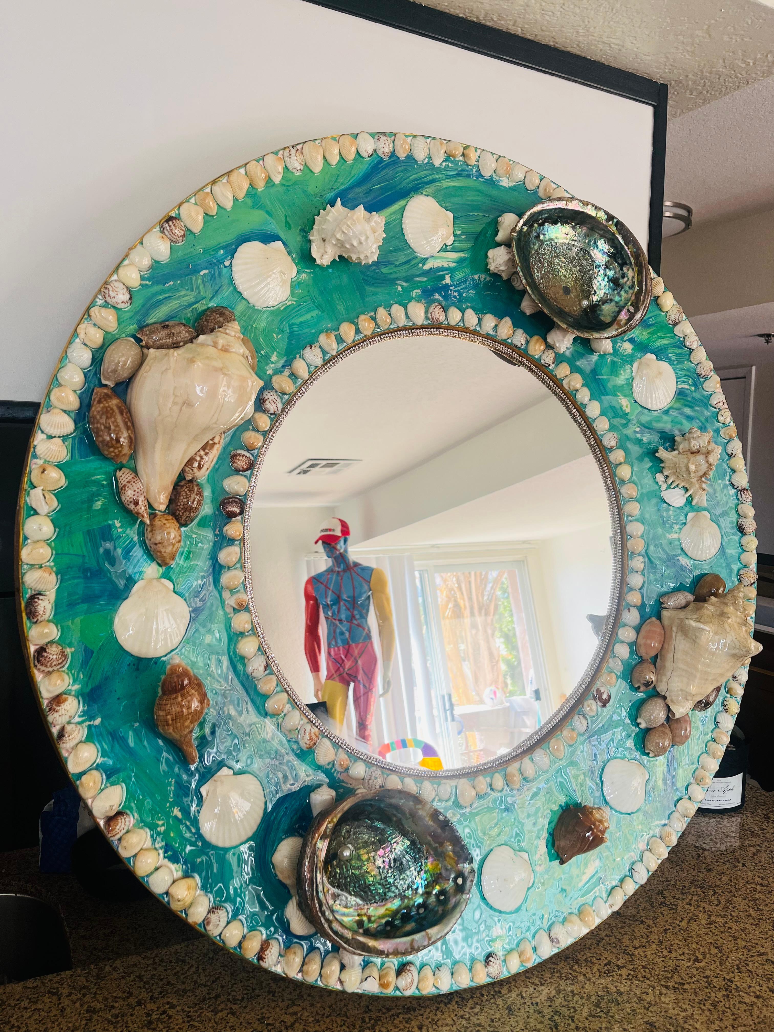 CARIBBEAN MIRROR (One Of A kind Seashells Encrusted Round Mirror W/ Wood Frame) For Sale 2
