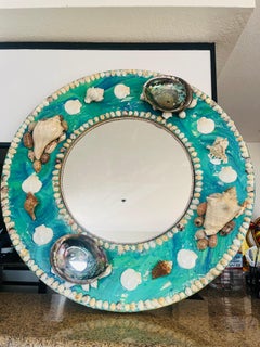 CARIBBEAN MIRROR (One Of A kind Seashells Encrusted Round Mirror W/ Wood Frame)