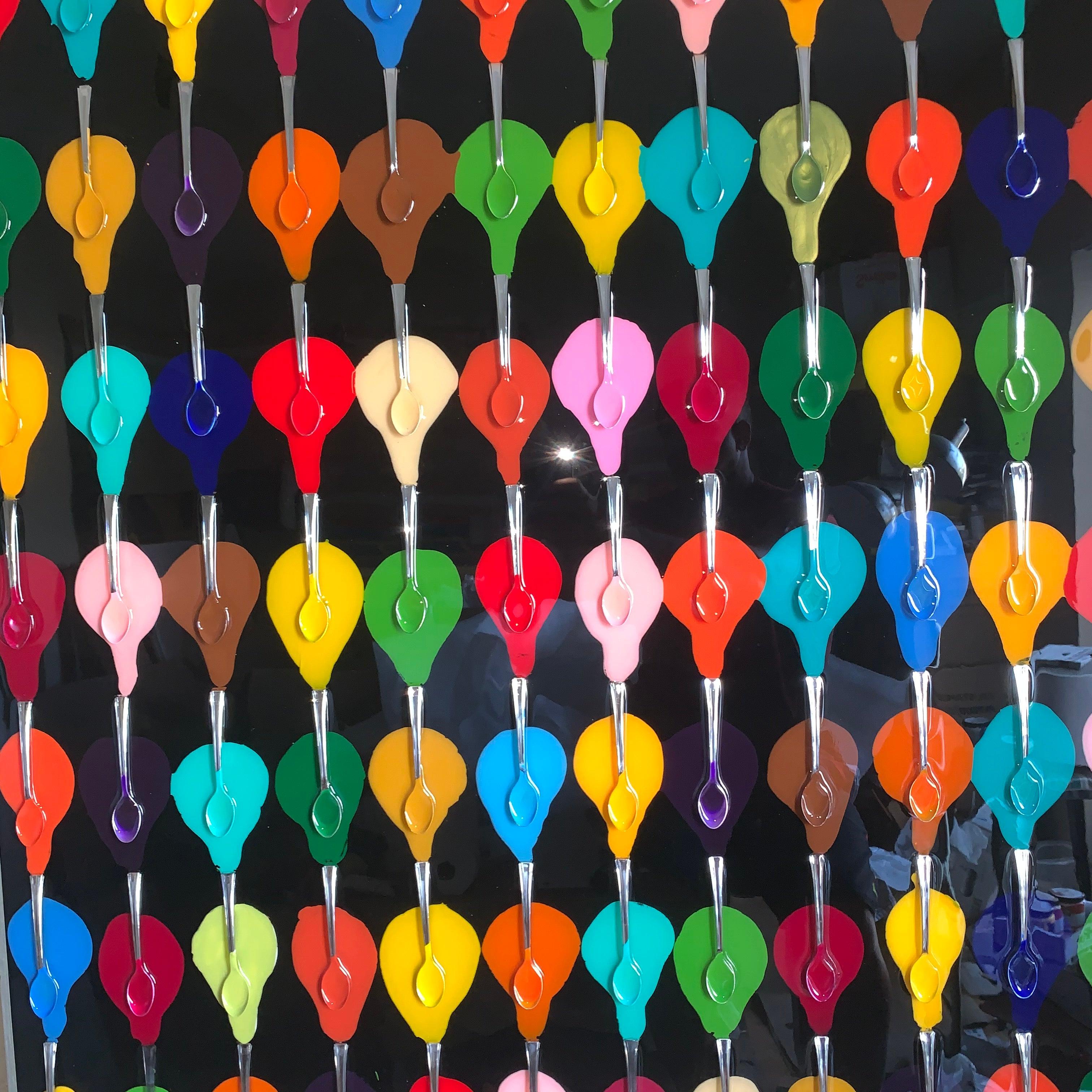 Colorful acrylic paint piece with silver spoons representing all Ice Cream Flavors.
Dedicated to all astronauts  who missed tasting some ice creams up there. 
This piece can be hung both ways: the main and upside down.
A great touch of colors for an
