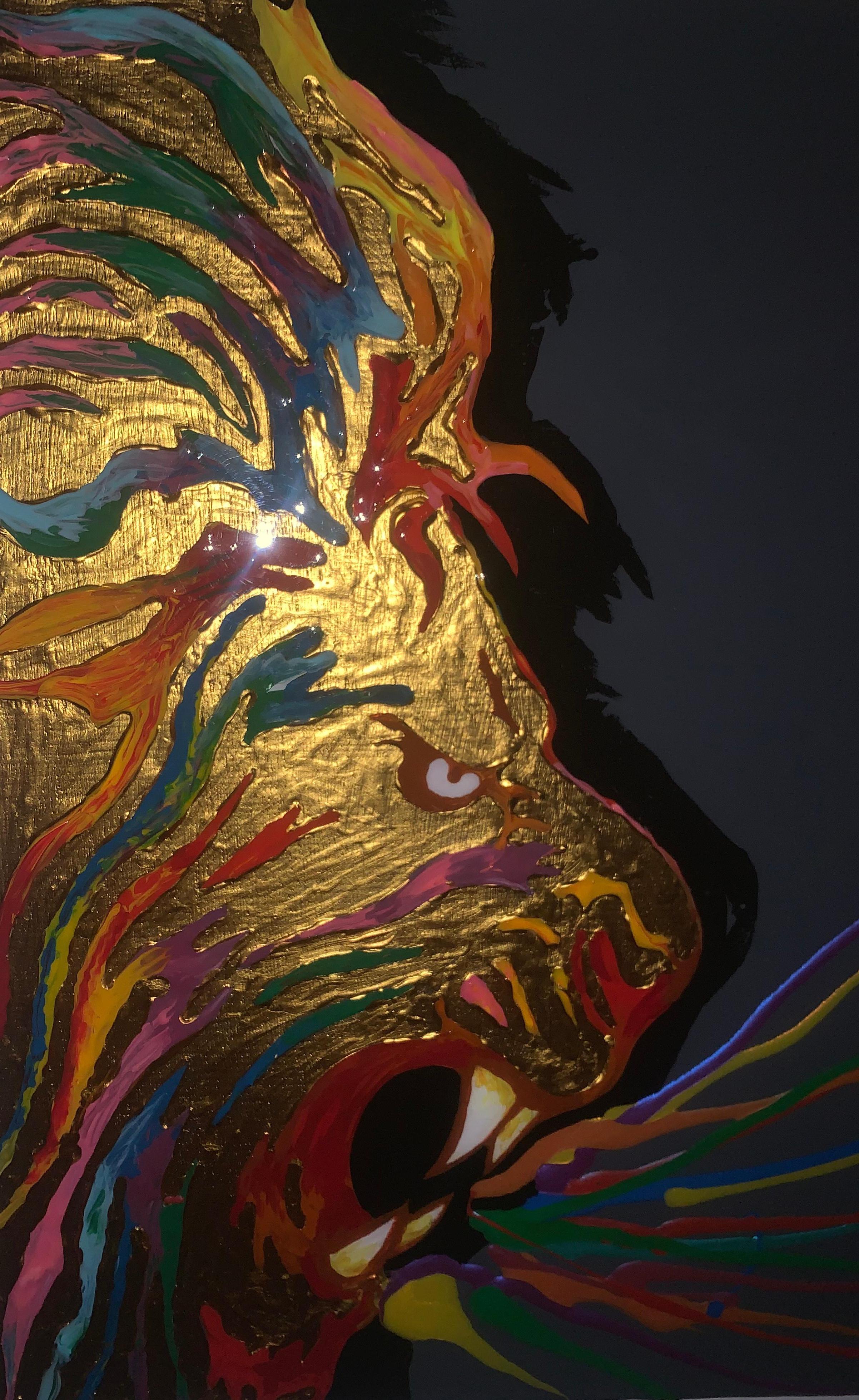 Colorful RAINBOW LION (Original Mixed Media Artwork) 1