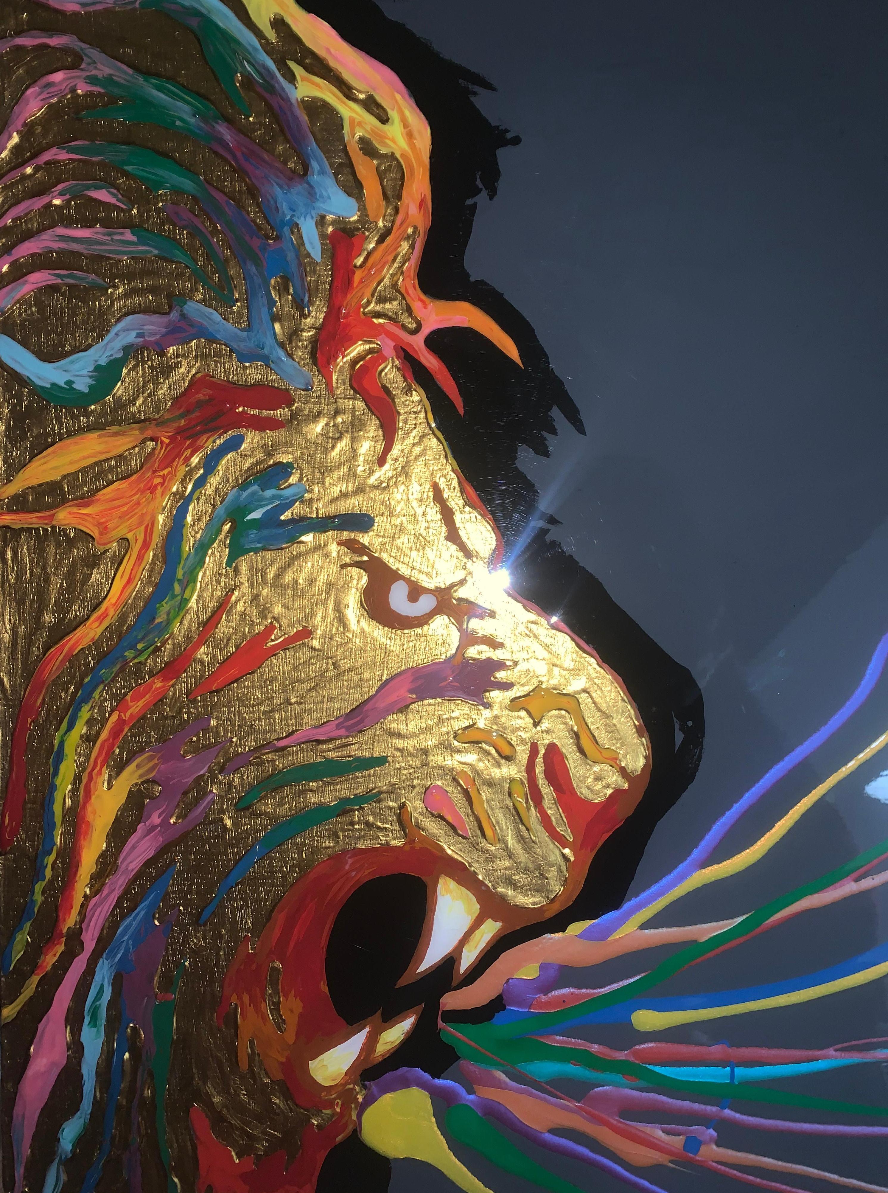 Colorful RAINBOW LION (Original Mixed Media Artwork) 2