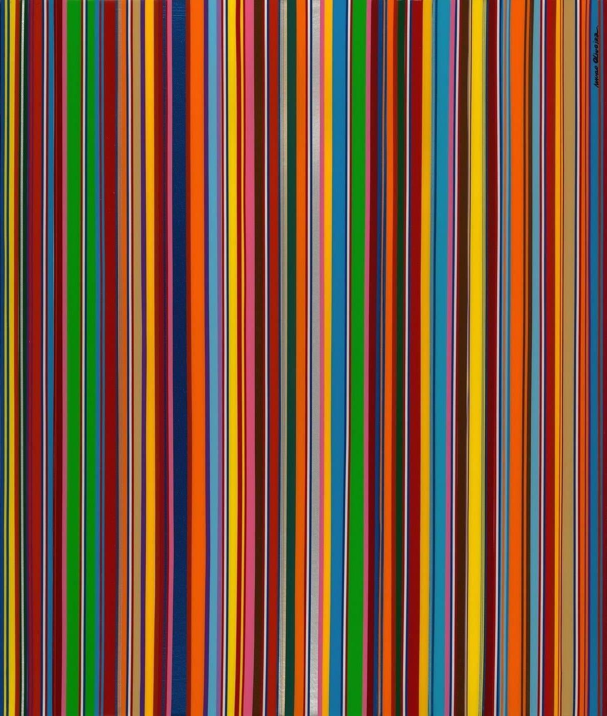 The RAINBOW RAIN Series is a classic and best seller. Using his own created technique, Oliveira uses automobile premium vinyl tapes and vinyl pinstripes to seal their borders. This piece can be hung both horizontal and vertically.

Bring a piece of