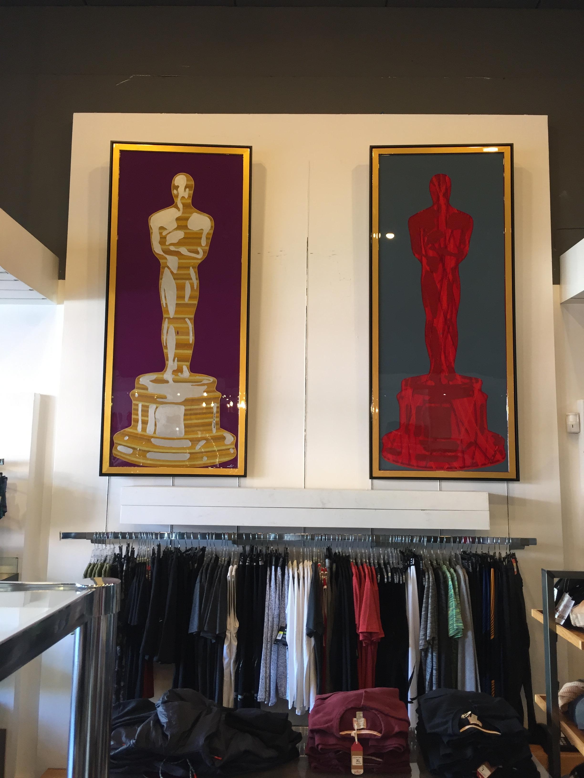 One of the limited and original Oscar Statue art series by Mauro Oliveira. Automobile vinyl tapes and acrylic paint over wood panel covered with resin. This one of a kind art reflects and represents the pain and suffering caused by various kinds of
