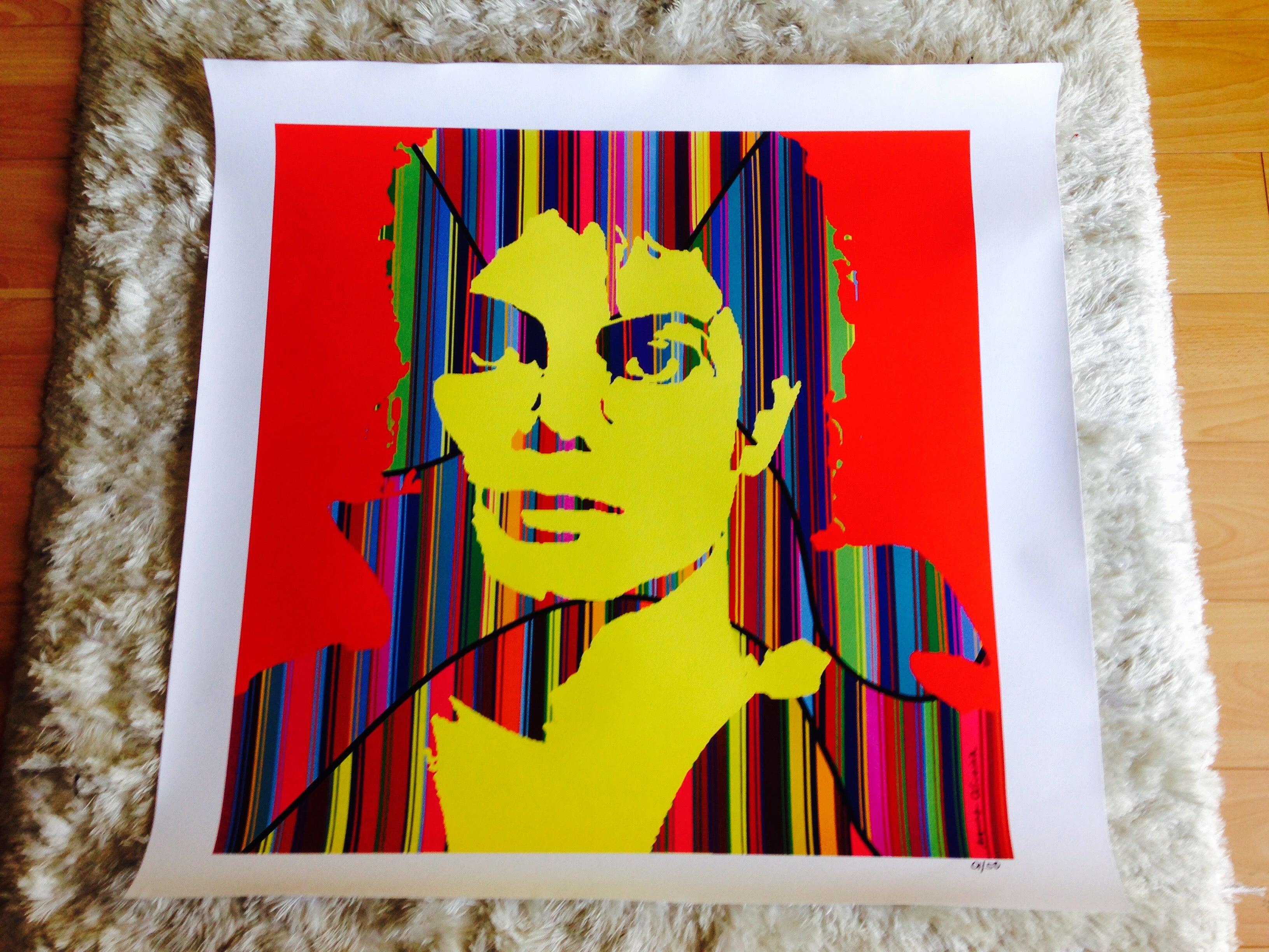 Celebrating the King of Pop Michael Jackson by Mauro Oliveira. The colorful pinstripes represent the music and the happiness the King of Pop brought to the world.

Limited edition of 30 museum quality Giclee prints on CANVAS, signed and numbered by