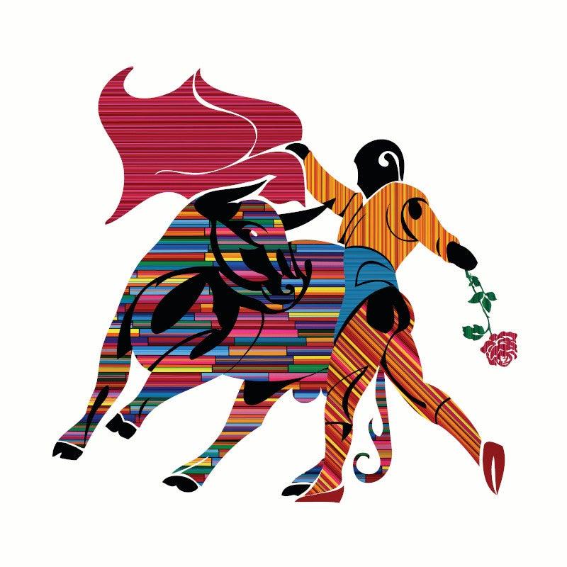 Celebrating Spain in this original unique series by Mauro Oliveira. The colors represent the friendship between the matador and the bull.

Limited edition of 30 museum quality Giclee prints on PAPER, signed and numbered by the artist. Print lead
