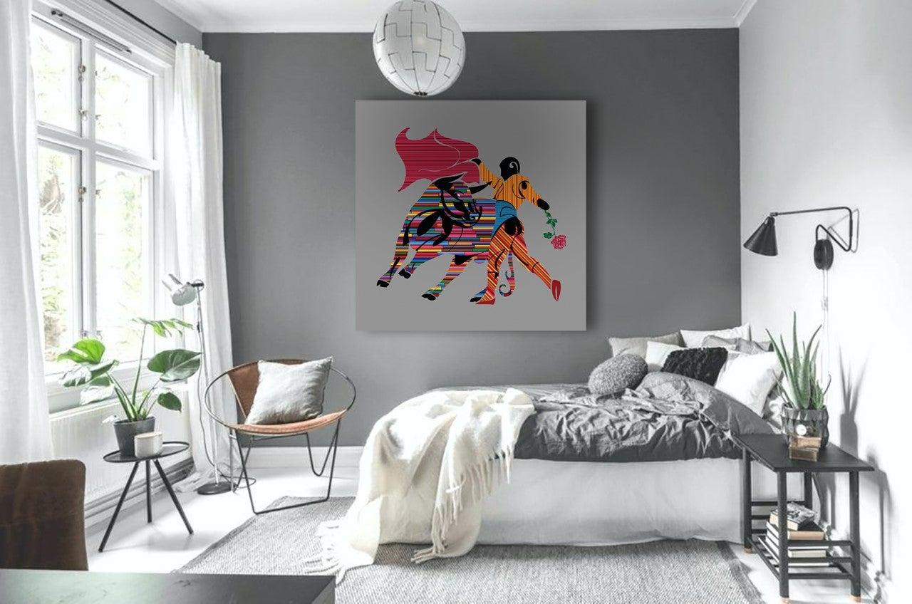 Celebrating Spain with this original unique series. The colors represent the friendship between the matador and the bull.

Limited edition of 30 museum quality giclee prints on CANVAS, signed and numbered by the artist. Print lead time 1 week. 

A