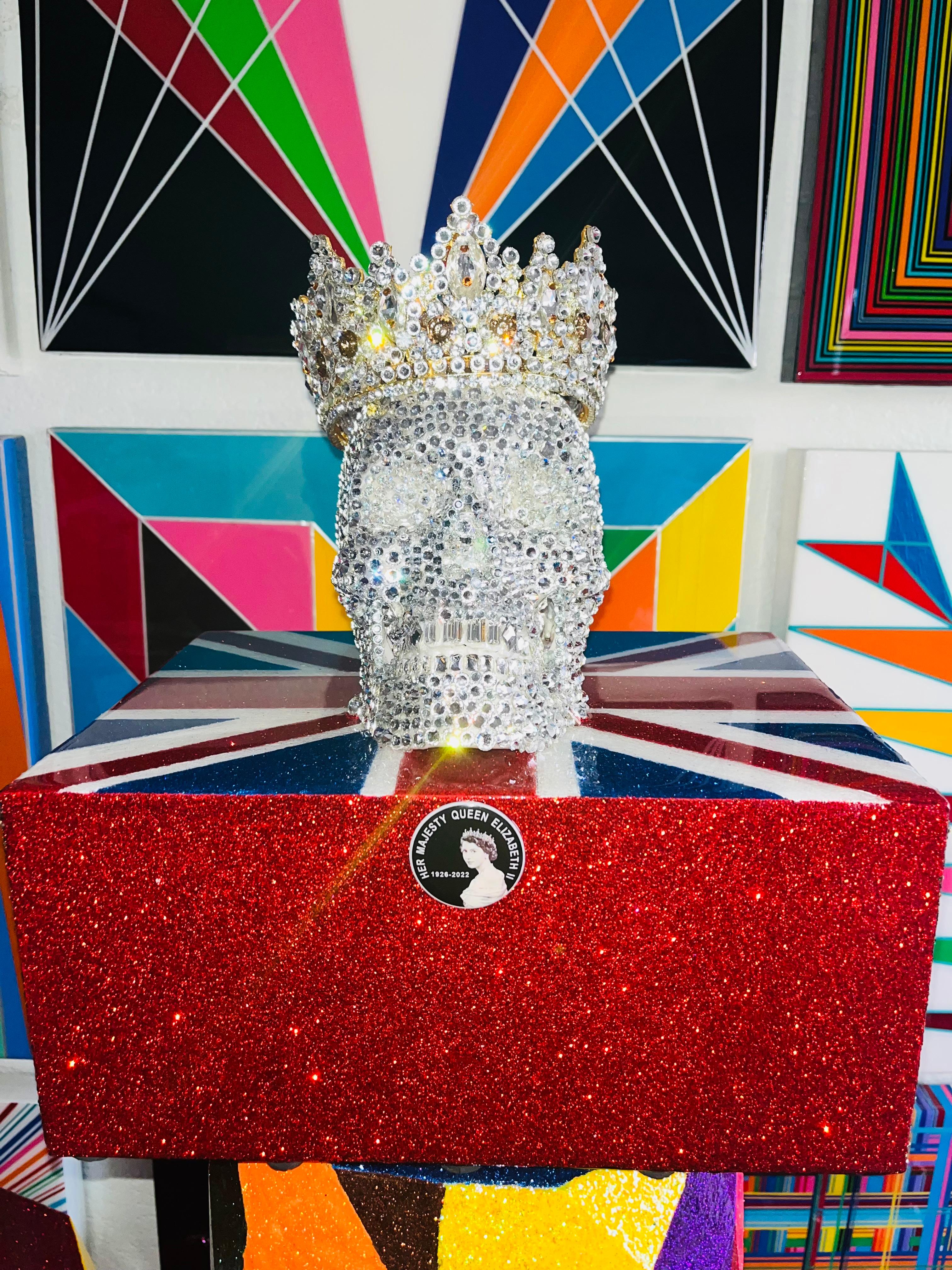 Mauro Oliveira Figurative Sculpture - HER MAJESTY QUEEN ELIZABETH II (1 of a kind Swarovski Skull w/ Base and Crown).