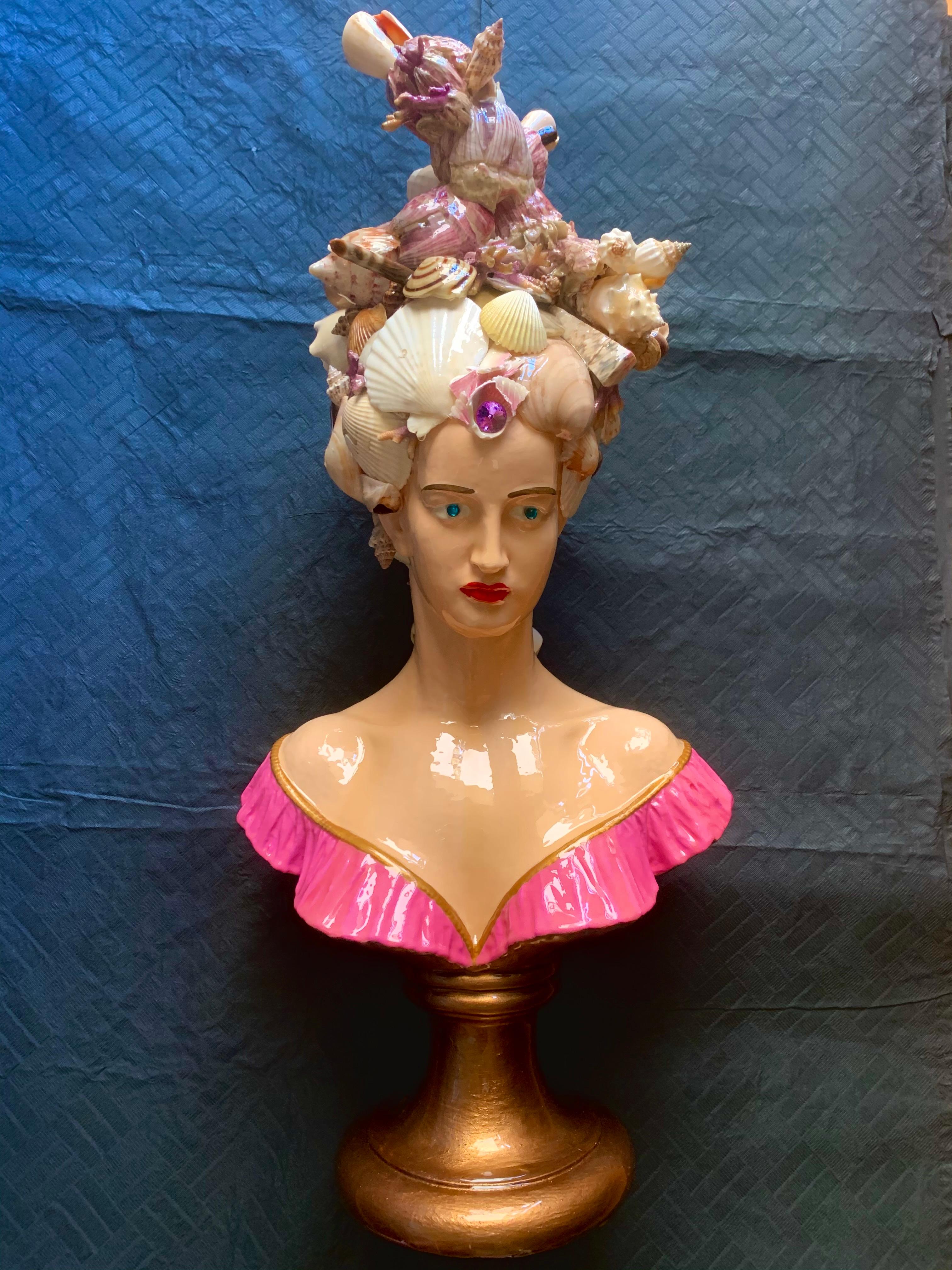 Mauro Oliveira Figurative Sculpture - 'I Like When You Call Me Senhorita' I (Original Female Bust With Real Seashells)