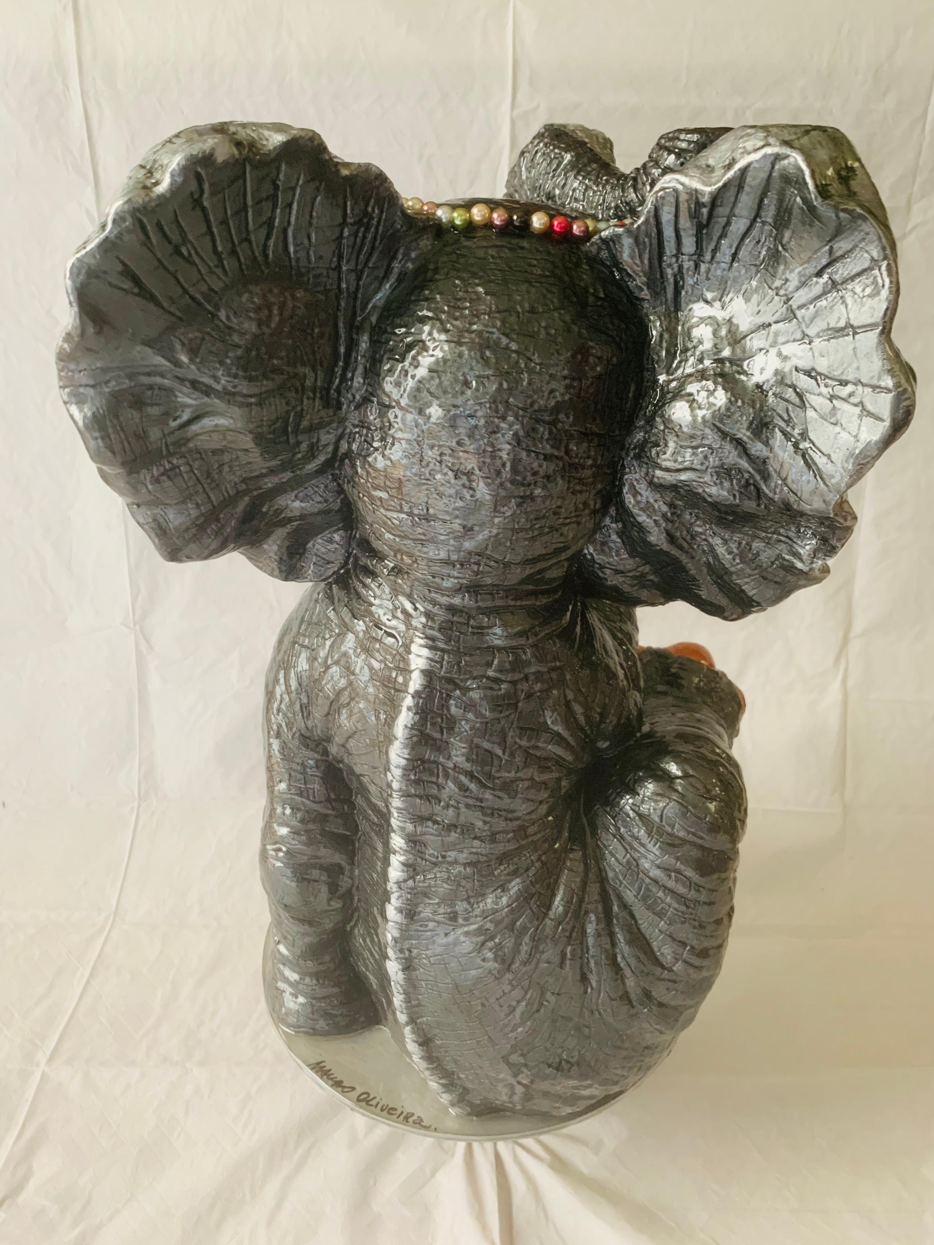 Lucky Baby Elephant I (Original Elephant Sculpture - Charcoal) - Brown Figurative Sculpture by Mauro Oliveira
