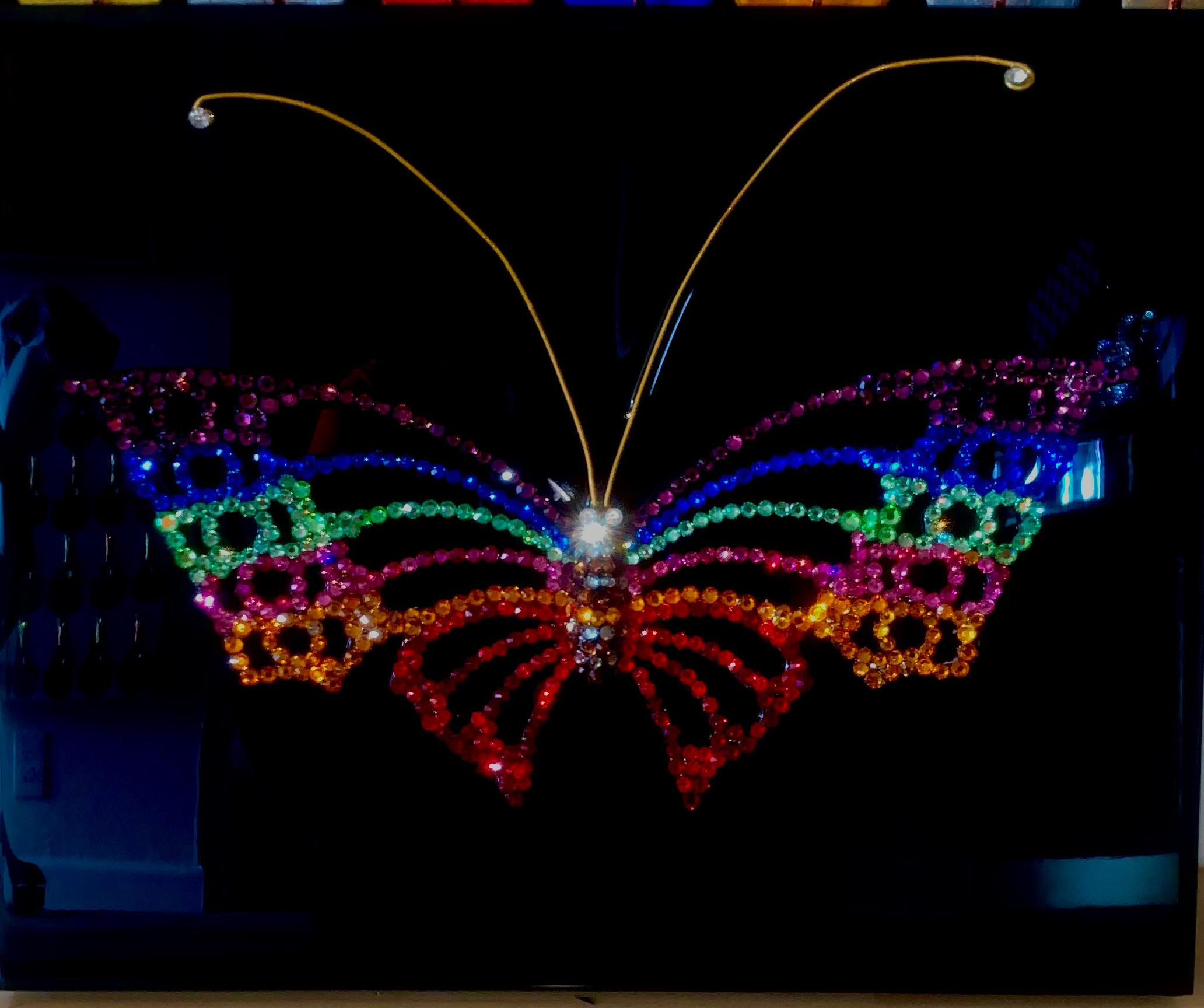 Mauro Oliveira Figurative Sculpture - PRIDE BUTTERFLY (One of a Kind Swarovski Mixed Media Sculpture)