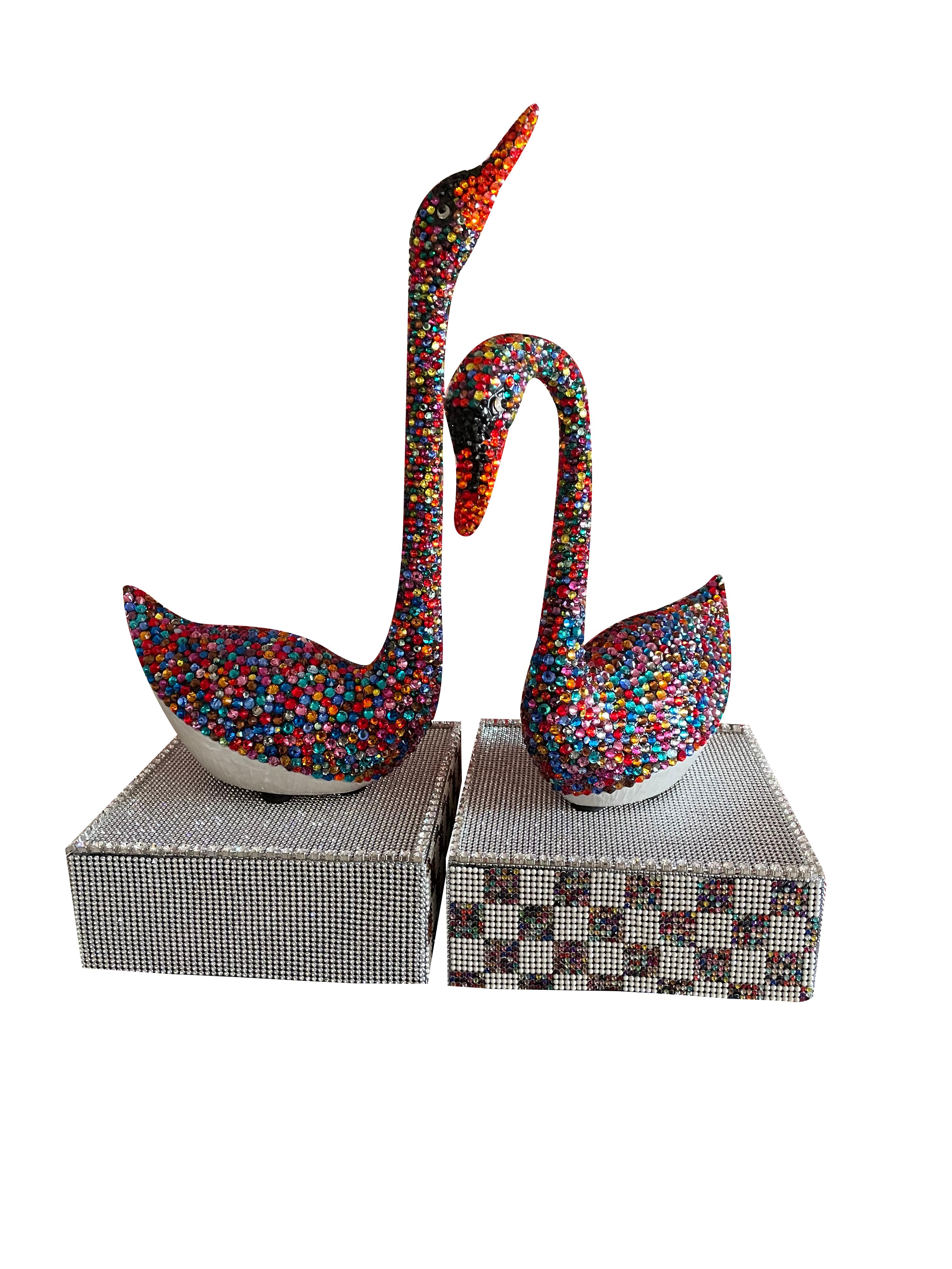 THE SWAROVSKI RAINBOW LOVE SWANS I & II (1 Of A Kind Pair W/ Swarovski Crystals) - Art by Mauro Oliveira