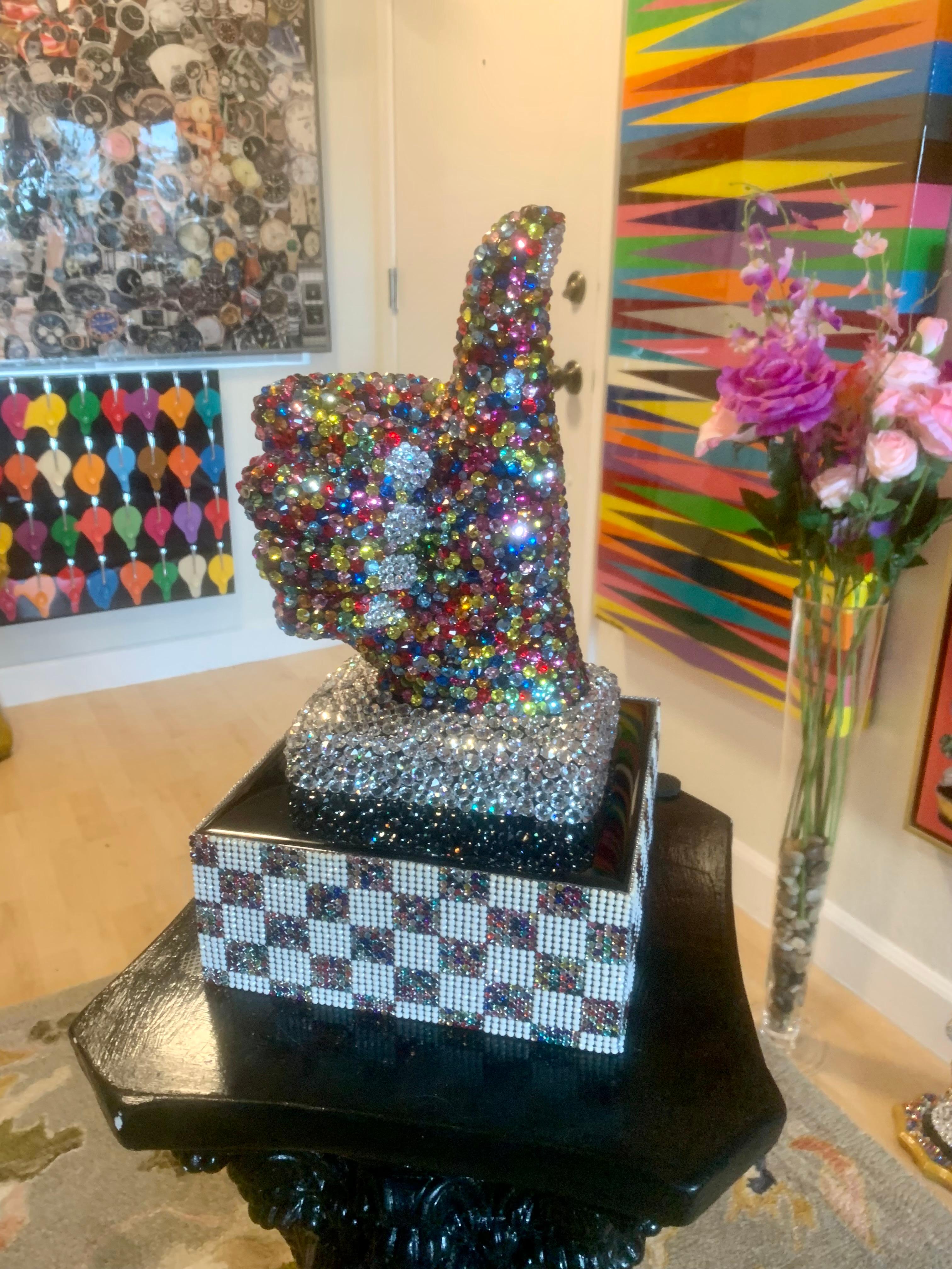 Mauro Oliveira Figurative Sculpture - THUMBS UP FOR LIFE (One of a Kind Swarovski Mixed Media Sculpture)