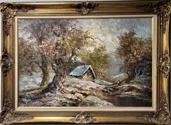 Vintage Large oil painting on canvas Signed Mauro, Rural Landscape, Gold frame