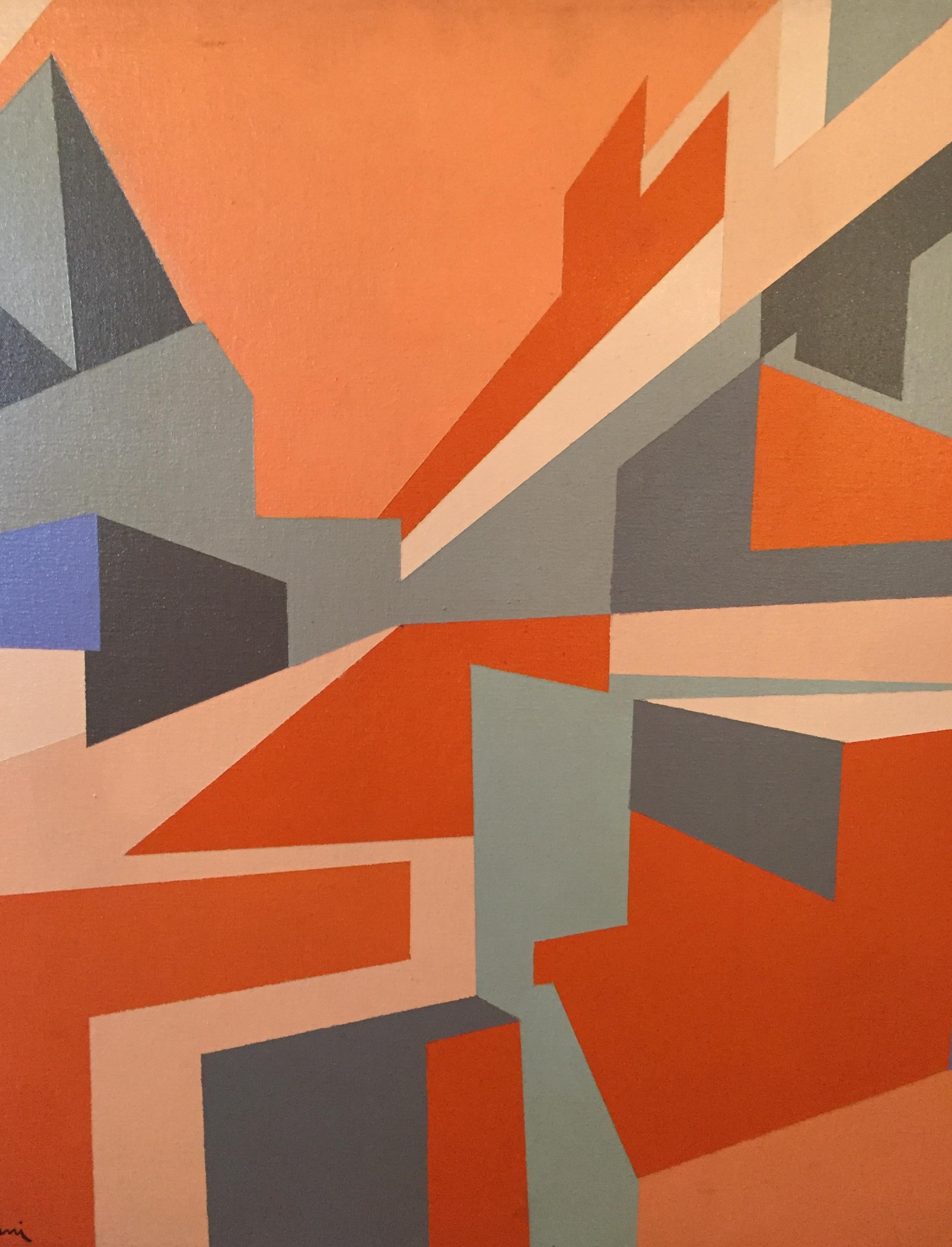 Italian Mauro Reggianni Oil on Canvas Geometric Painting For Sale