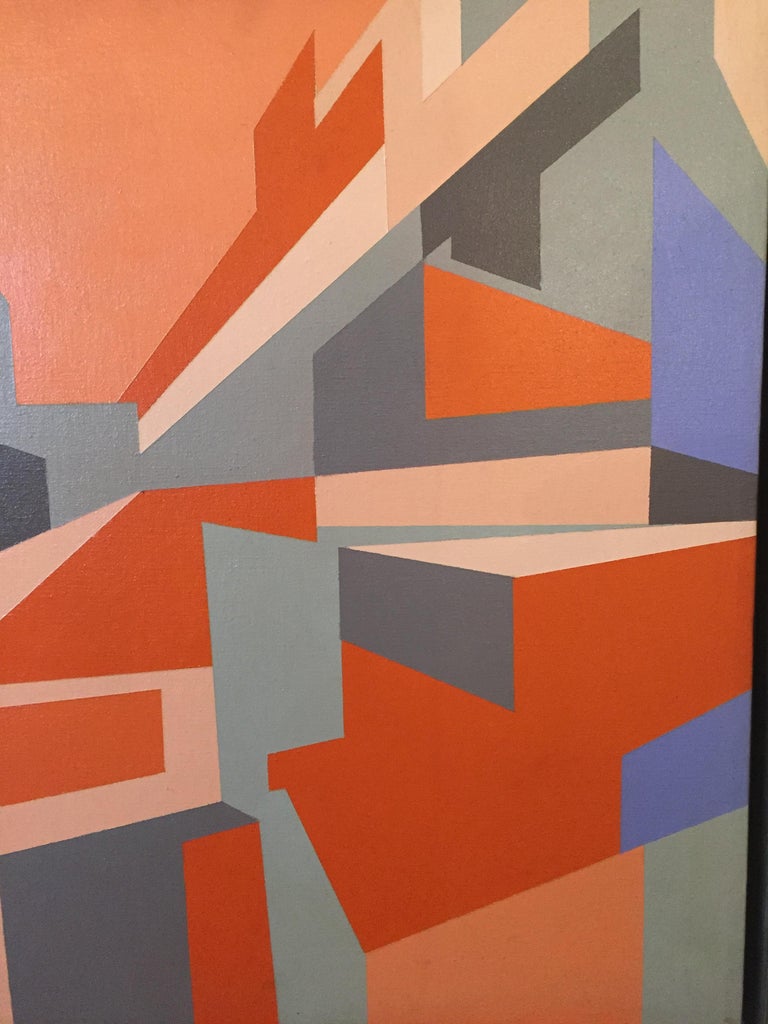 Mauro Reggianni Oil on Canvas Geometric Painting In Distressed Condition For Sale In Westport, CT