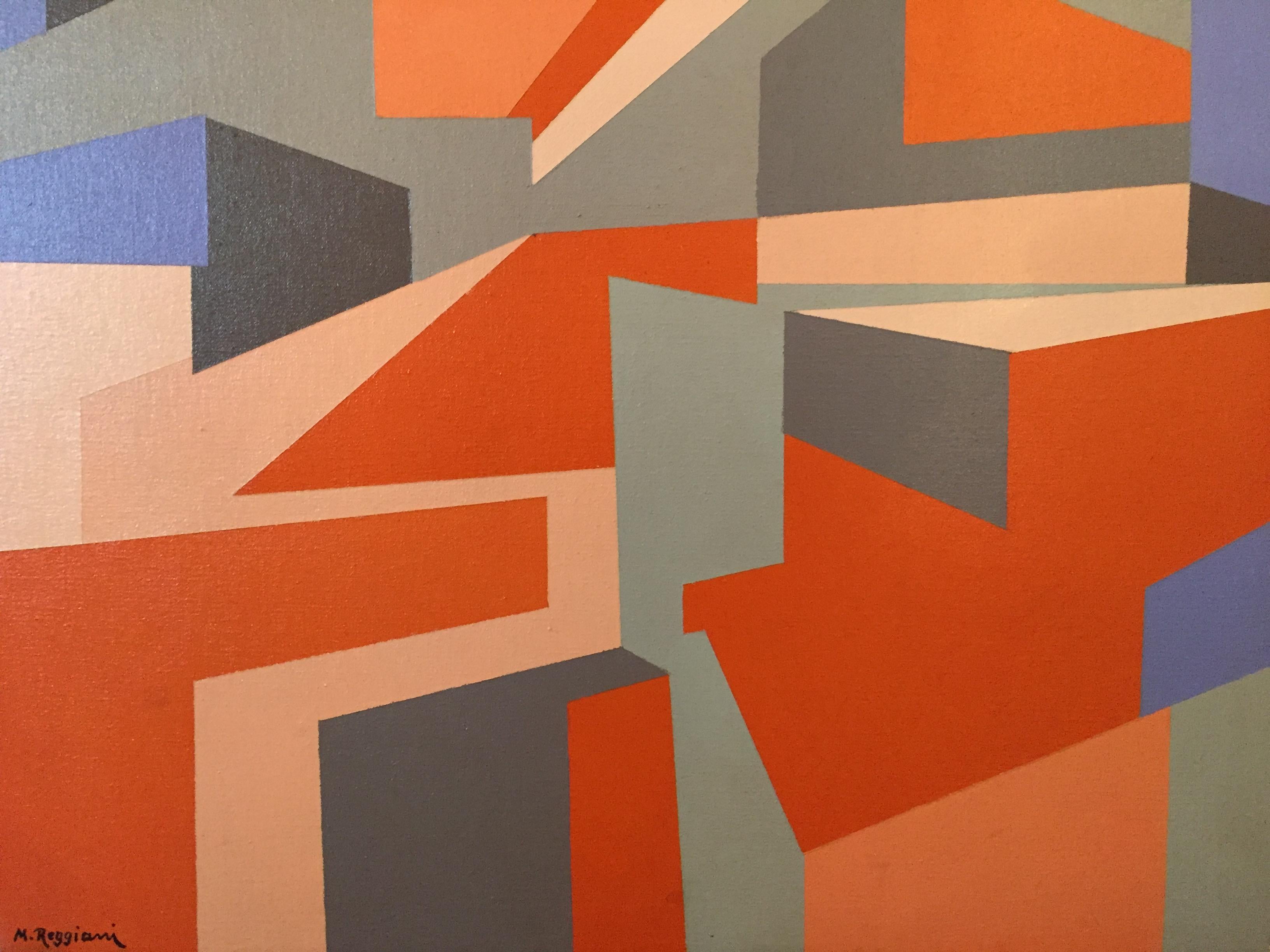 20th Century Mauro Reggianni Oil on Canvas Geometric Painting For Sale