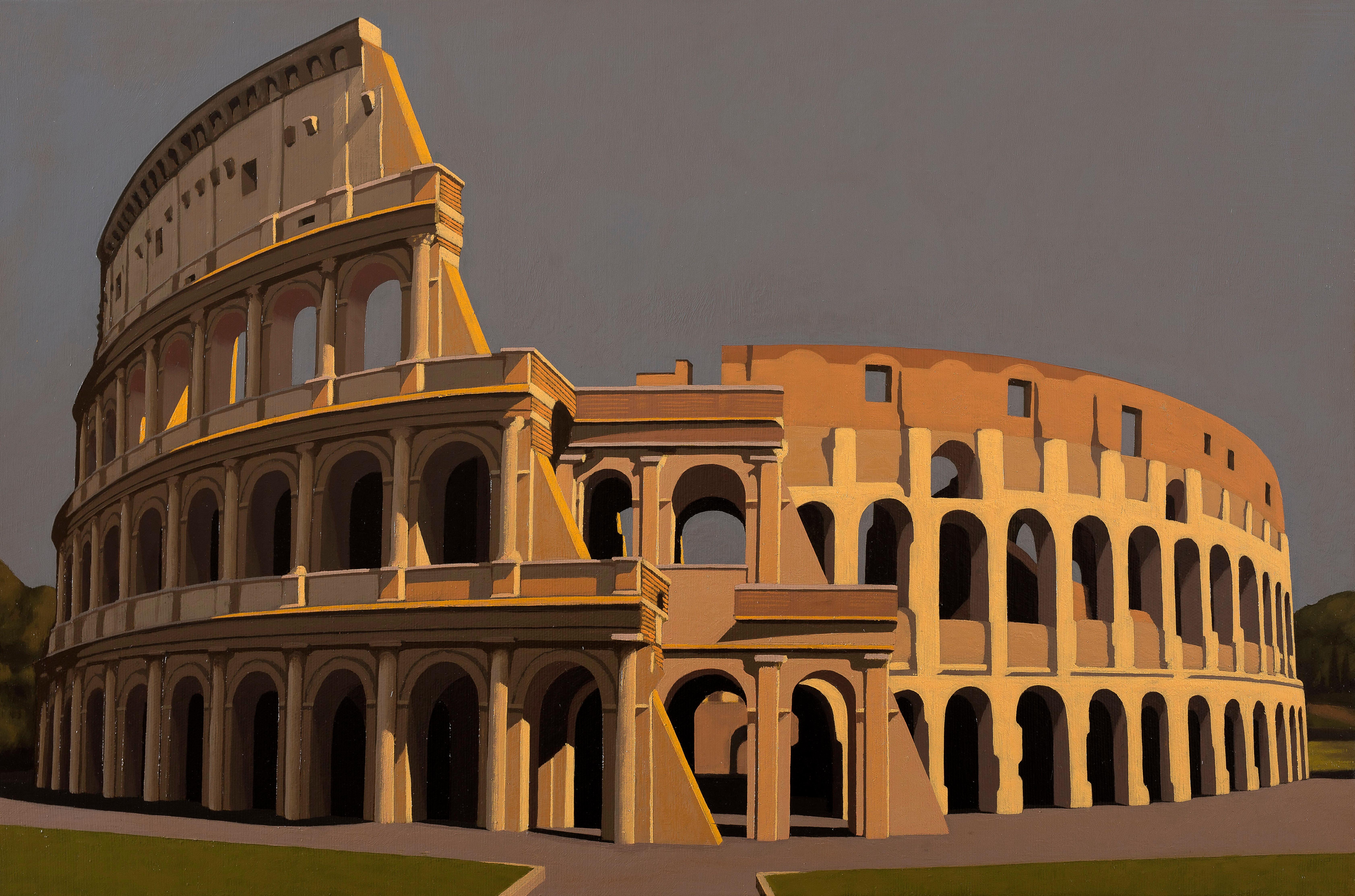 Mauro Reggio Landscape Painting - Colosseum oil landscape of Rome in ocra and grey by fine italian painter