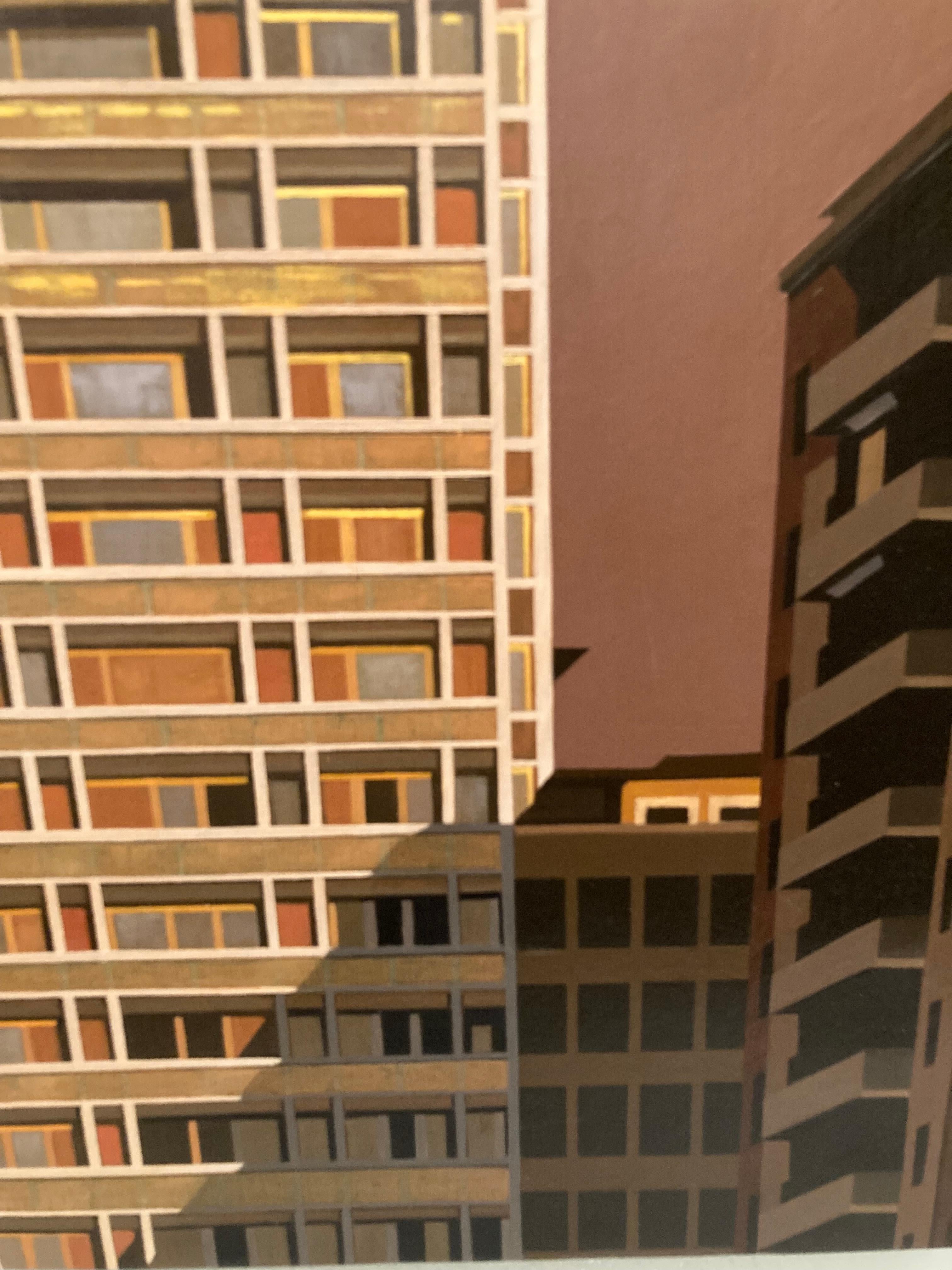 Italian skyscraper viewin Milan of brown by metaphysic Italian painter - Brown Figurative Painting by Mauro Reggio