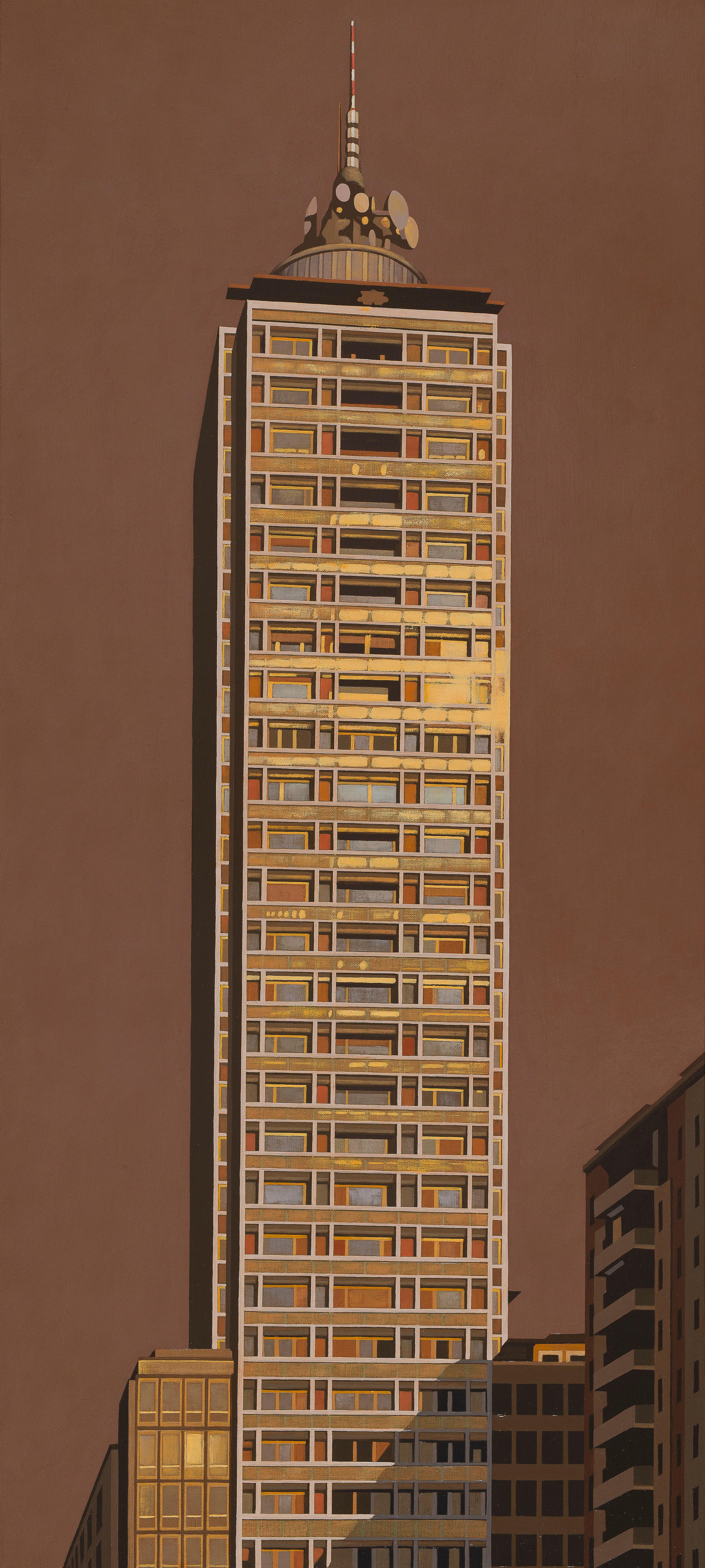 Mauro Reggio Figurative Painting - Italian skyscraper viewin Milan of brown by metaphysic Italian painter