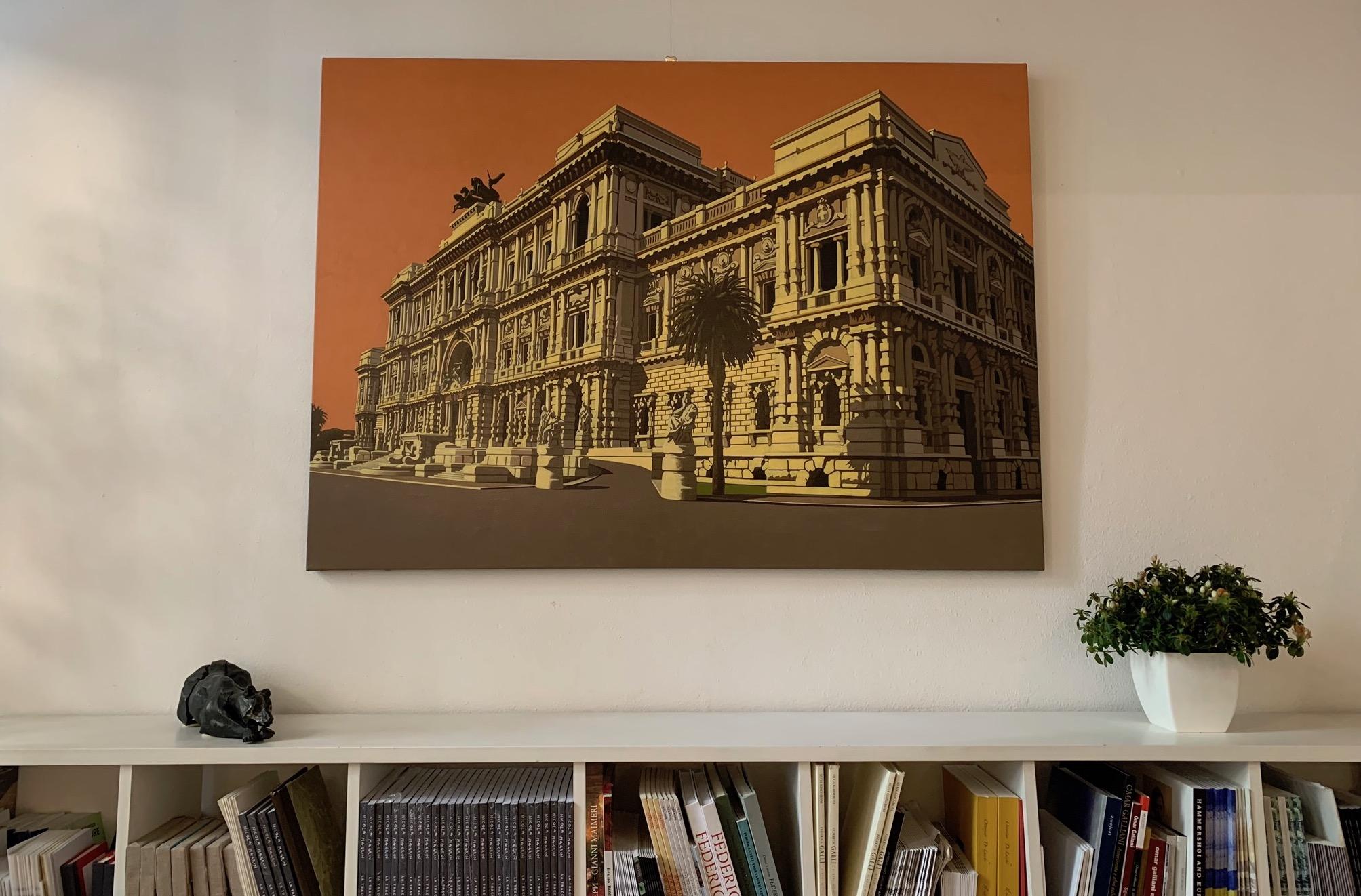 Rome hystorical palace, orange view by oil contemporary italian painter Reggio For Sale 2