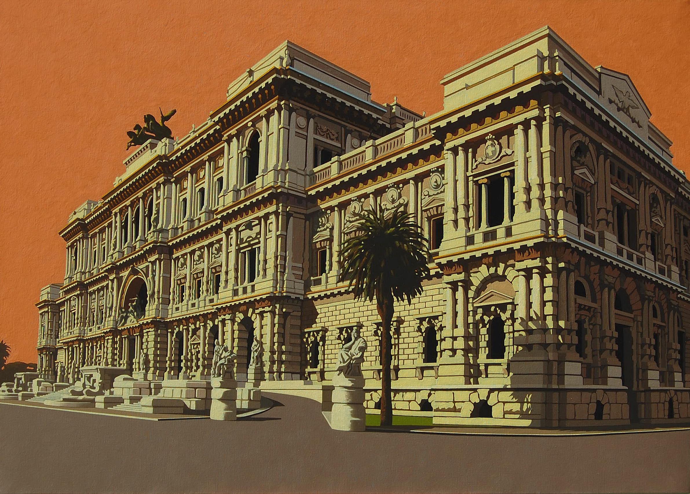 Mauro Reggio Landscape Painting - Rome hystorical palace, orange view by oil contemporary italian painter Reggio
