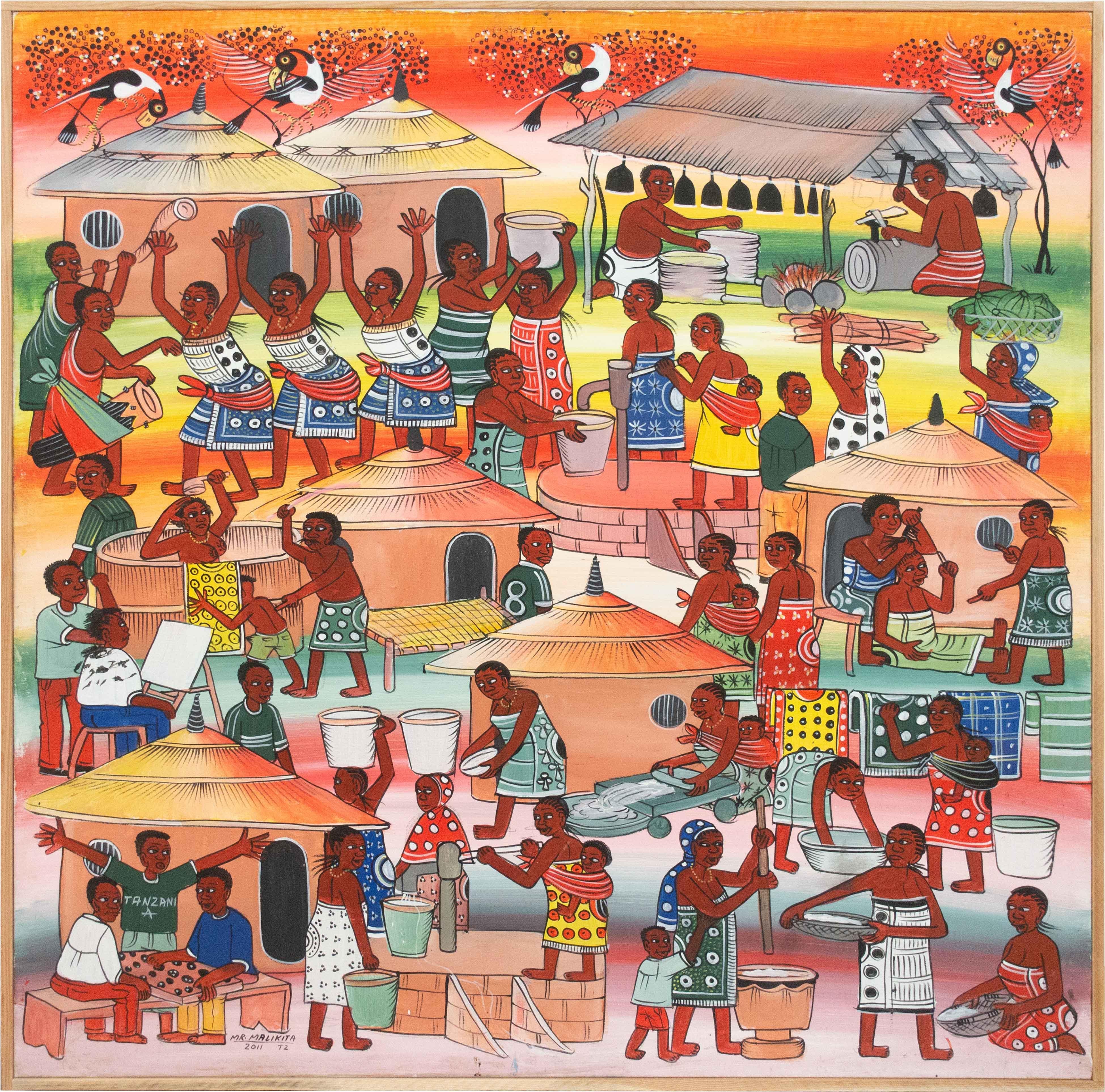 Untitled, African Art, Figurative Art, Tanzania, Market - Painting by Maurus Malikita