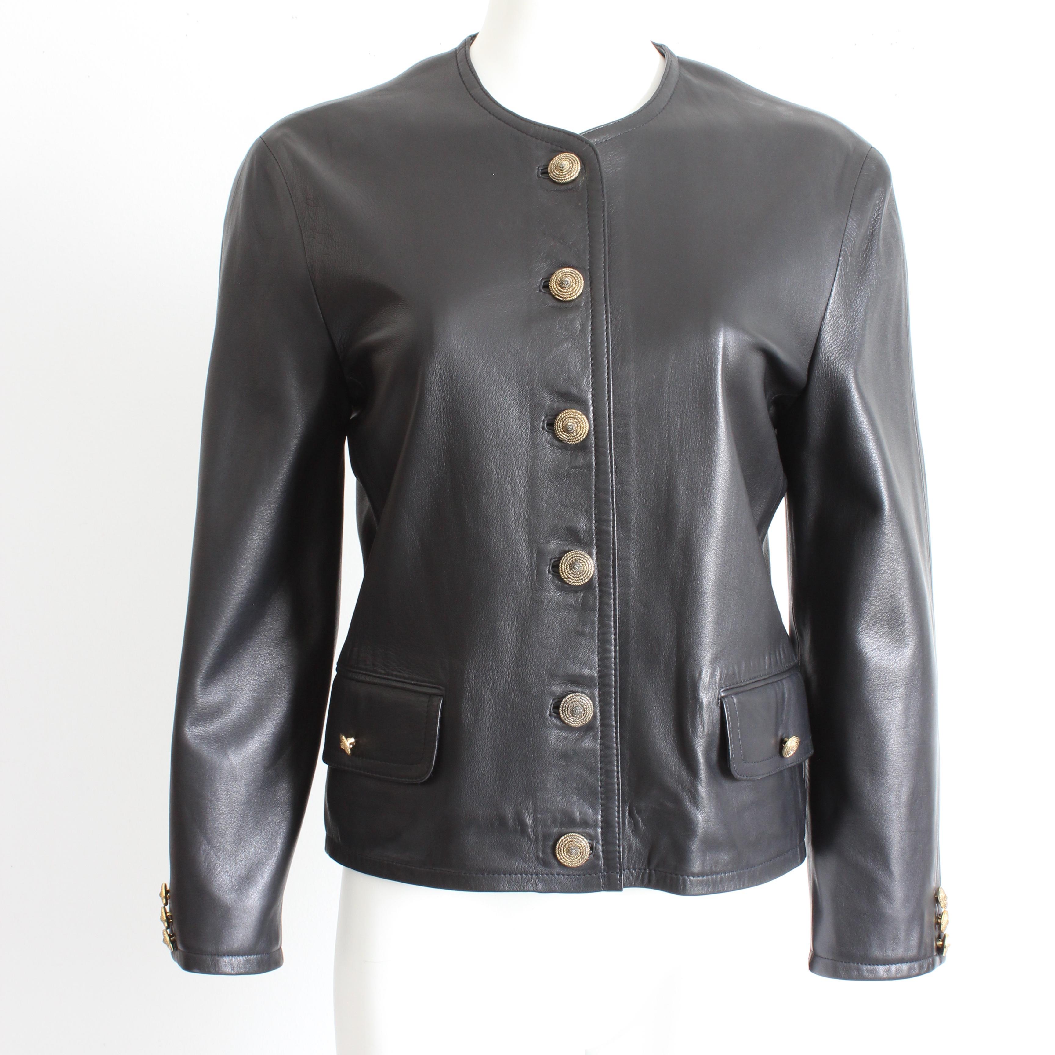 This chic black leather jacket was made by Maus & Hoffman, a high-end Florida department store that's been selling quality-made goods for more than 80 years.  

Made from supple black leather, this light weight jacket features a jewel neckline,