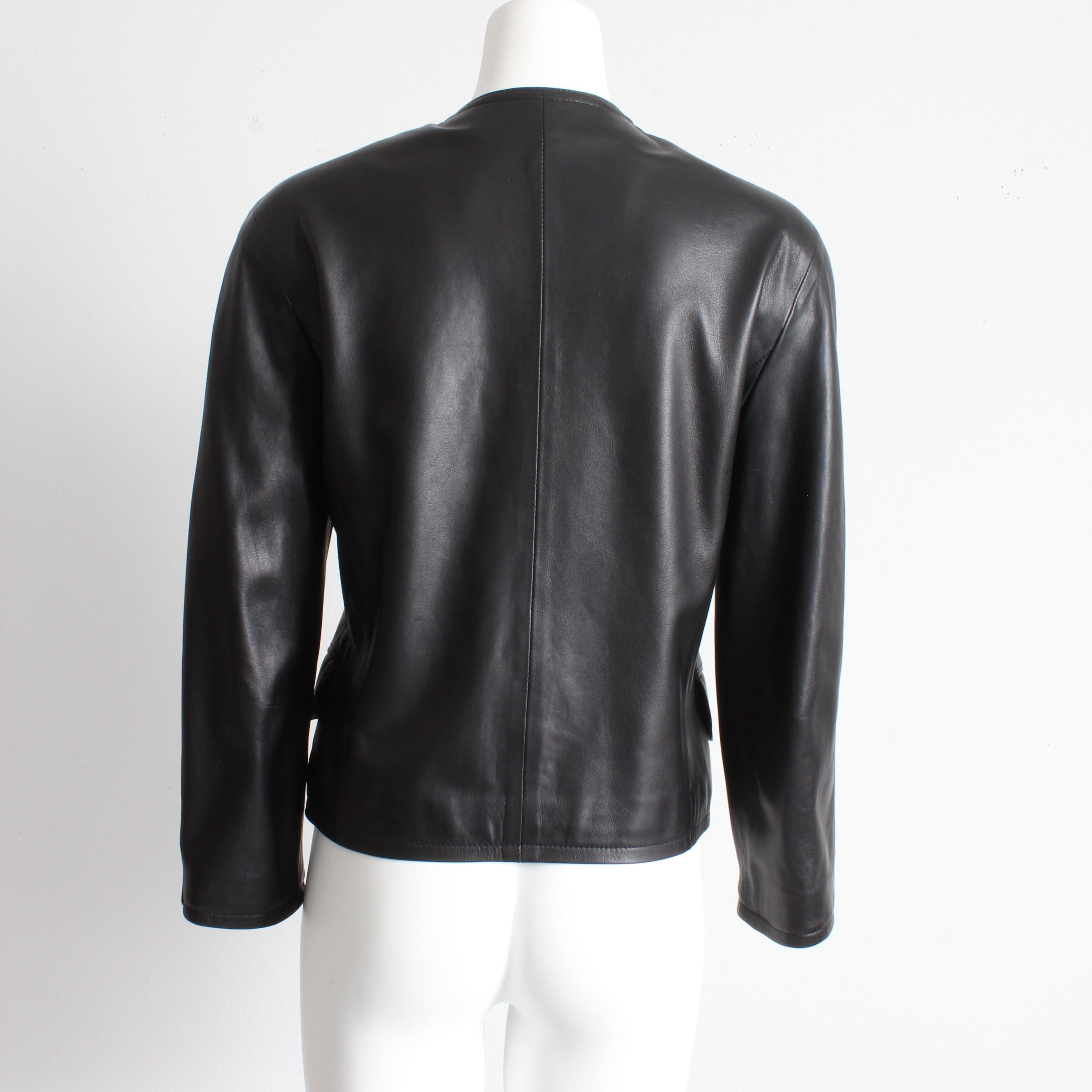 Maus & Hoffman Black Leather Jacket Ladies with Jewel Neckline England Sz 8 Unisexe en vente