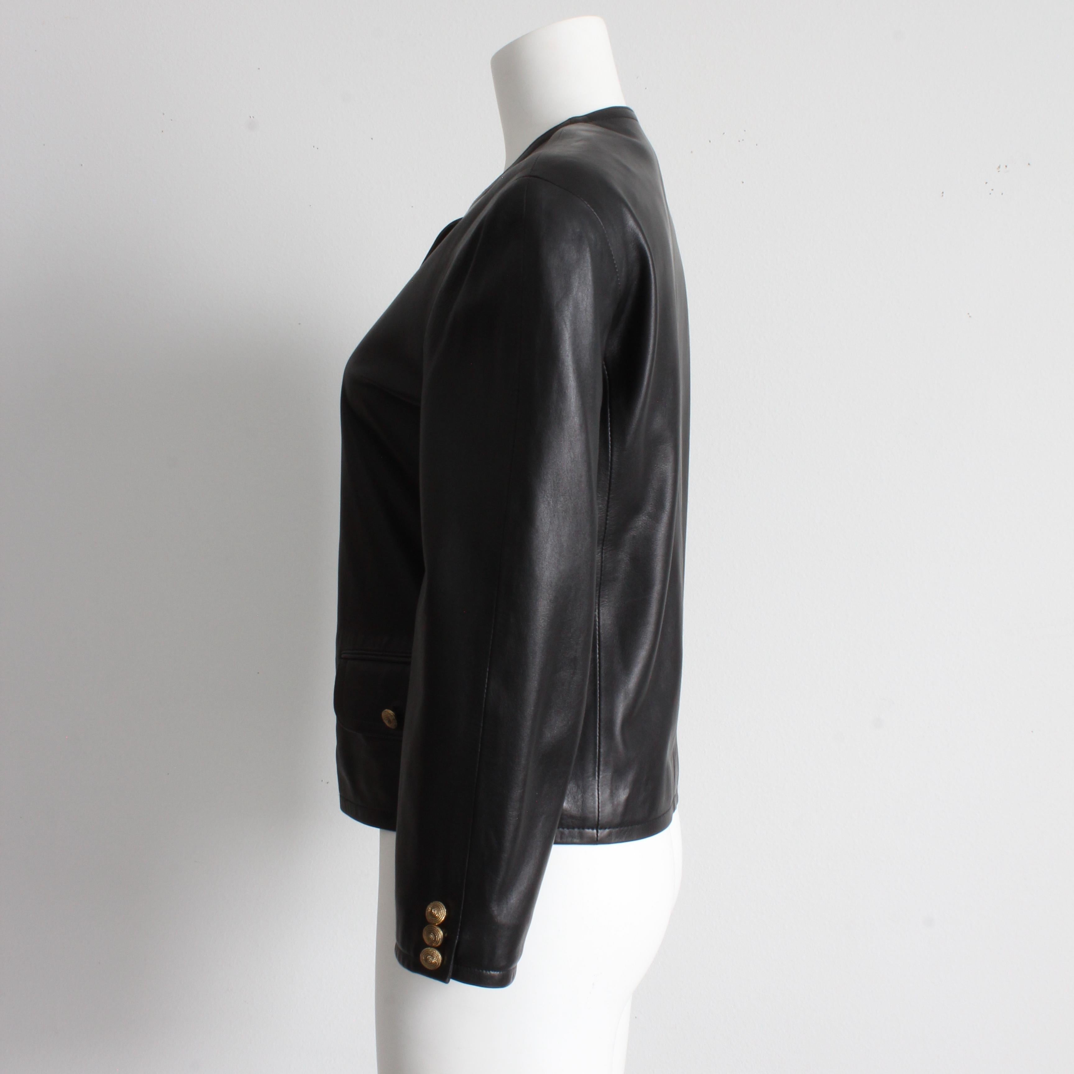 Maus & Hoffman Black Leather Jacket Ladies with Jewel Neckline England Sz 8 In Good Condition For Sale In Port Saint Lucie, FL