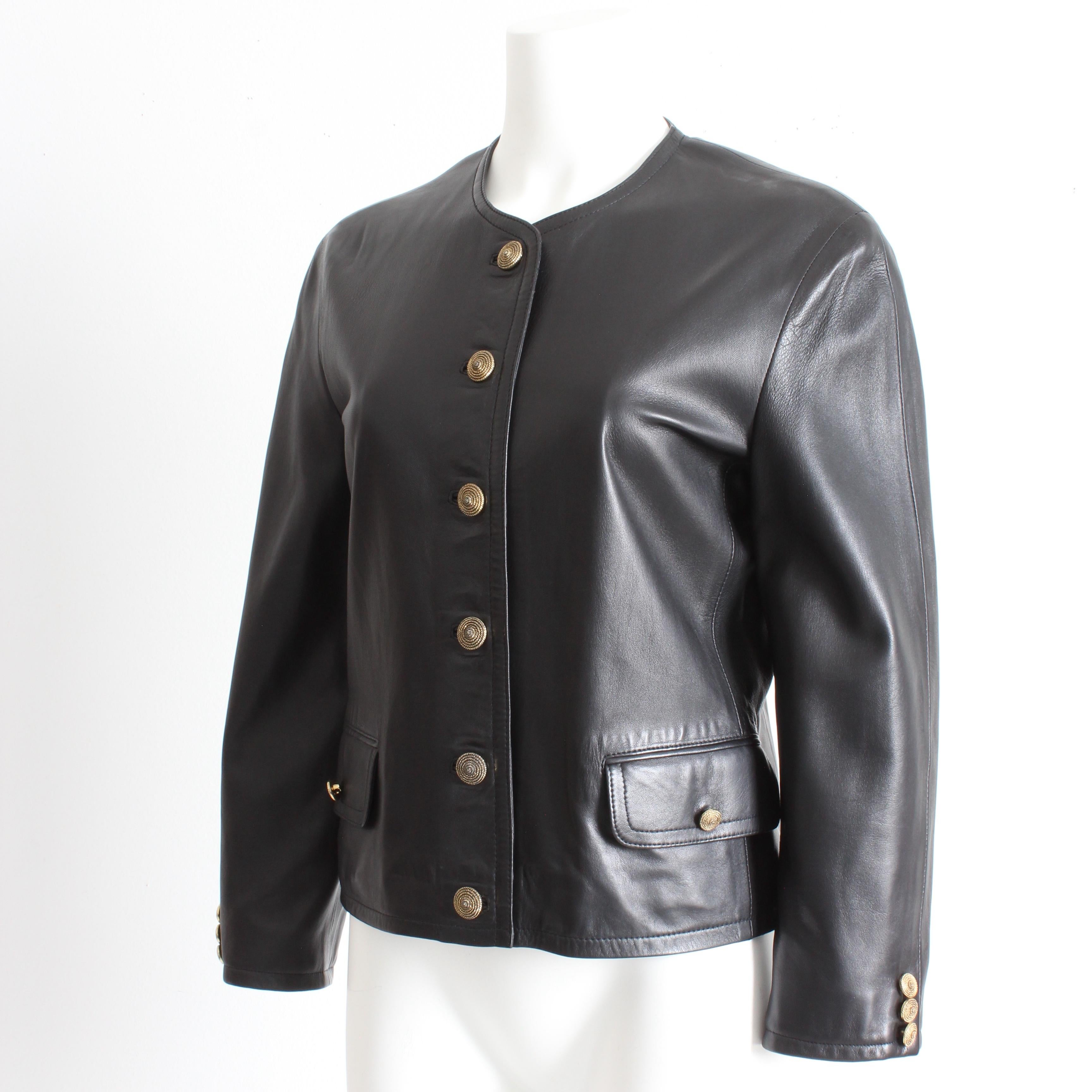 Maus & Hoffman Black Leather Jacket Ladies with Jewel Neckline England Sz 8 en vente 2